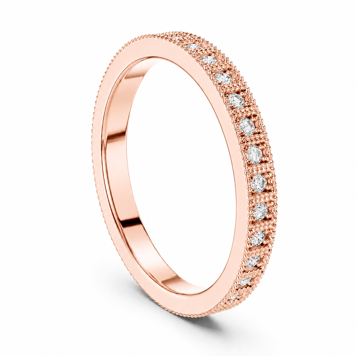 color_10K_RG, color_14K_RG &&	A rose gold eternity ring featuring a continuous row of round-cut clear gemstones on a polished band, shown on a clean white background.