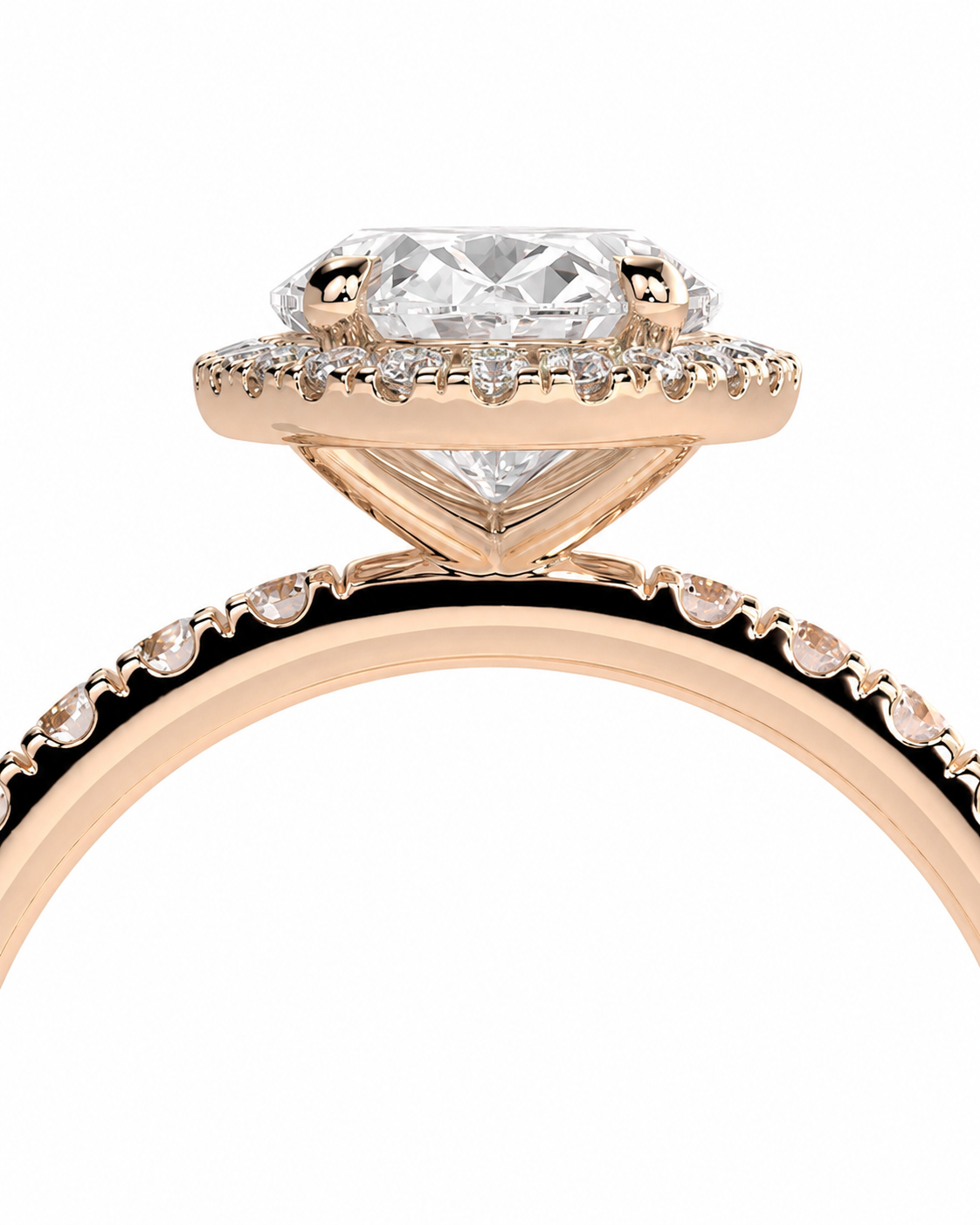 color_10K_RG, color_14K_RG &&Rose gold diamond ring with a large oval center stone and a halo of small diamonds, shown on a white background.