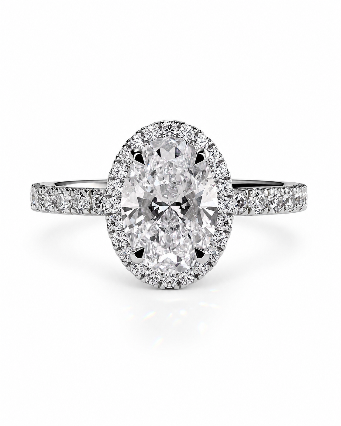 color_925_SIL,color_935_ARG,color_10K_WG, color_14K_WG &&An oval halo engagement ring featuring a large oval center stone surrounded by a double halo of smaller round stones, set on a diamond-embellished band against a white background.