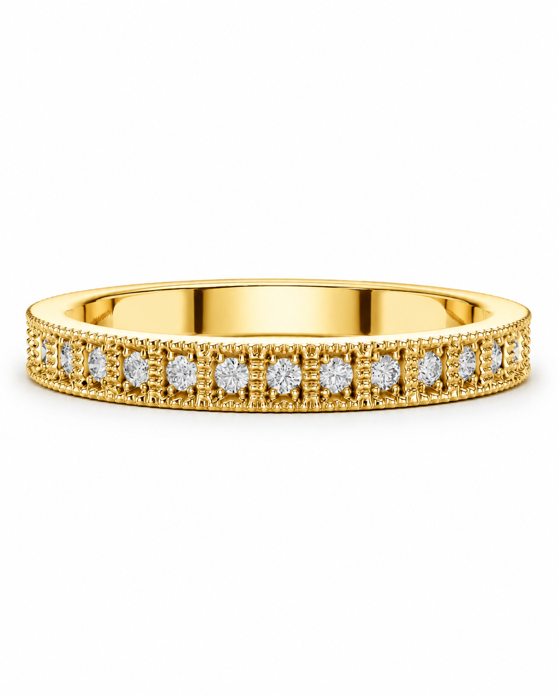 color_10K_YG, color_14K_YG &&	
A yellow gold eternity ring featuring a double row of round-cut clear gemstones, set against a seamless white background.