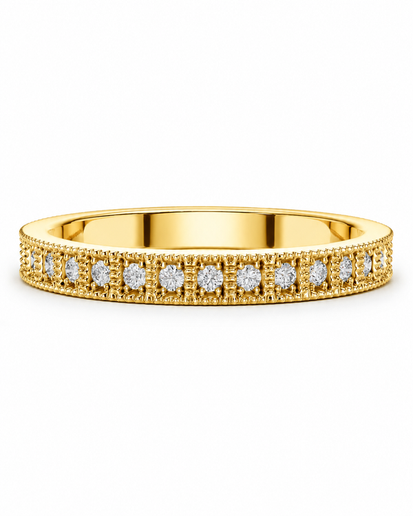 color_10K_YG, color_14K_YG &&	
A yellow gold eternity ring featuring a double row of round-cut clear gemstones, set against a seamless white background.