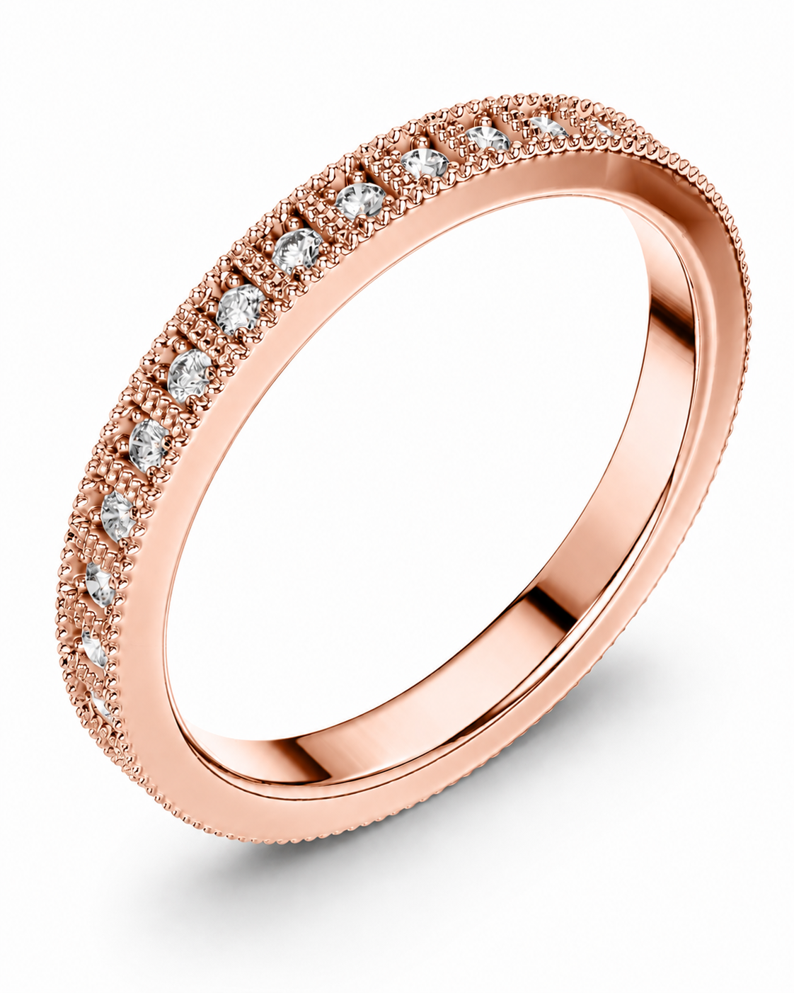 color_10K_RG, color_14K_RG &&	A rose gold eternity ring featuring a channel-set row of round diamonds on a polished band, shown on a clean white background.