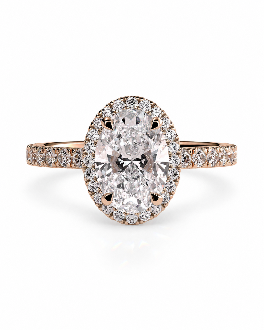 color_10K_RG, color_14K_RG &&An oval halo engagement ring featuring a large center stone surrounded by a double halo of smaller stones, set in rose gold with a pave band, shown on a white background.