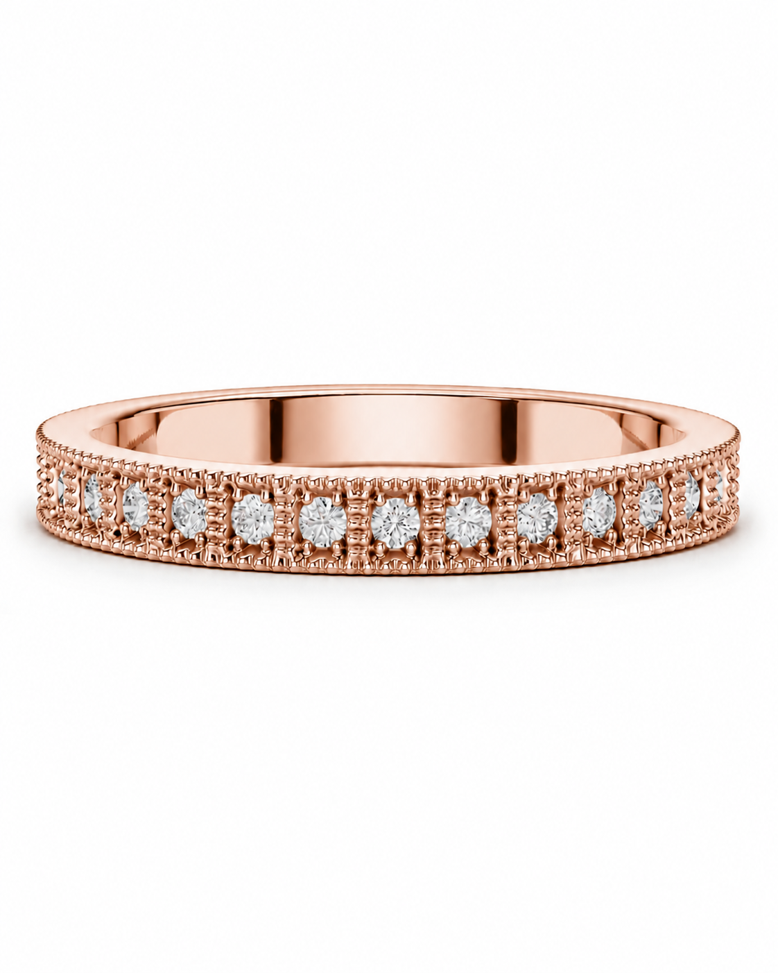 color_10K_RG, color_14K_RG &&	A rose gold eternity ring featuring a continuous line of round-cut diamonds in a pave setting, shown on a clean white background.