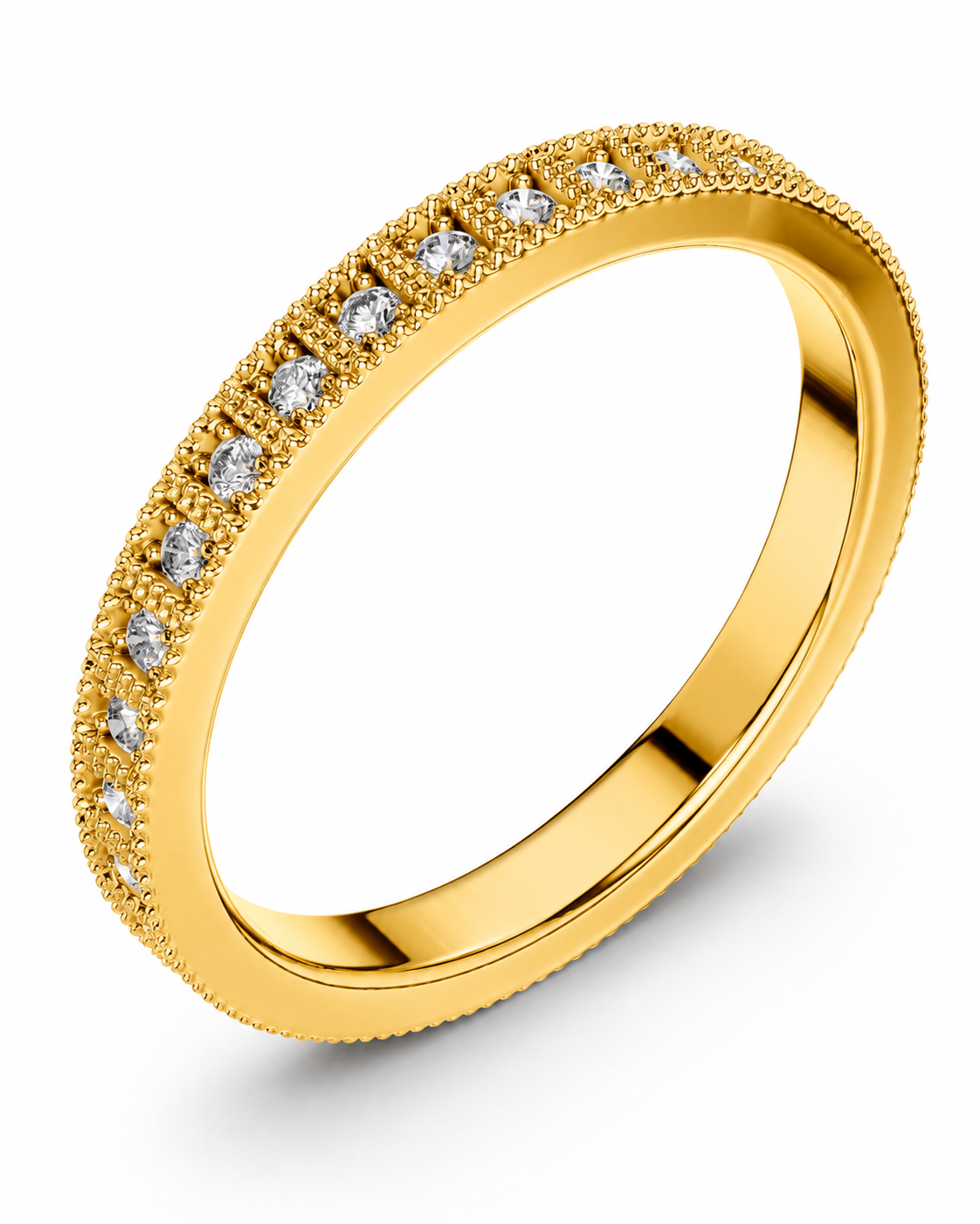 color_10K_YG, color_14K_YG &&	
A yellow gold eternity ring featuring a row of round-cut clear gemstones in a beaded channel setting, shown on a clean white background.