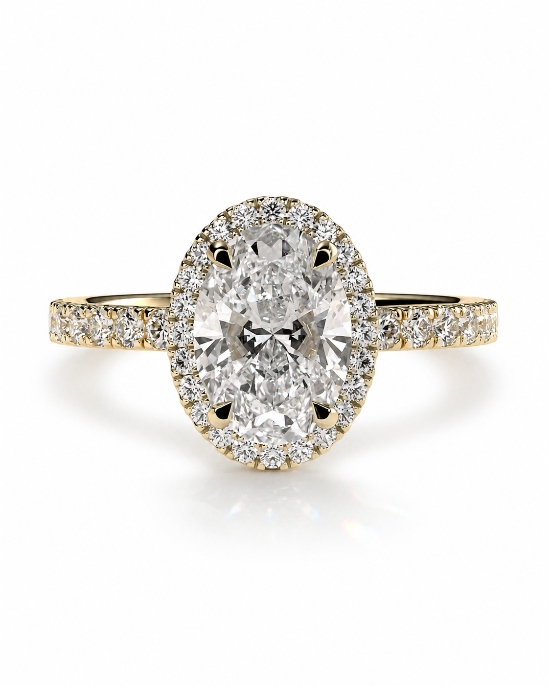 color_10K_YG, color_14K_YG &&Oval moissanite engagement ring with halo and pave band design
