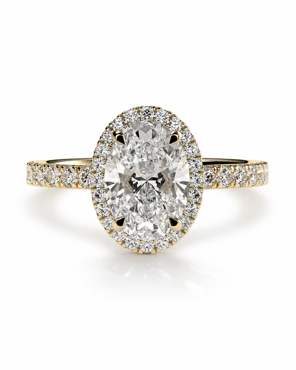 color_10K_YG, color_14K_YG &&Oval moissanite engagement ring with halo and pave band design

