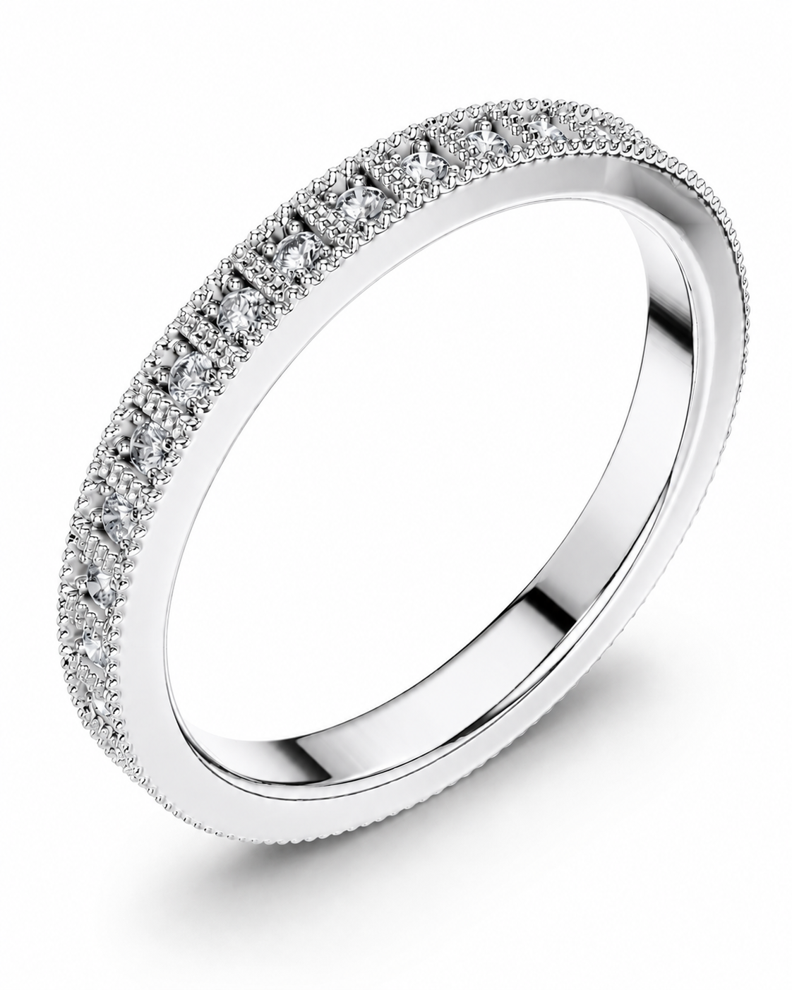 color_925_SIL,color_935_ARG,color_10K_WG, color_14K_WG &&	
A silver-toned eternity ring featuring a double row of round-cut clear gemstones on a smooth, polished band with a textured beveled edge, shown on a clean white background.
