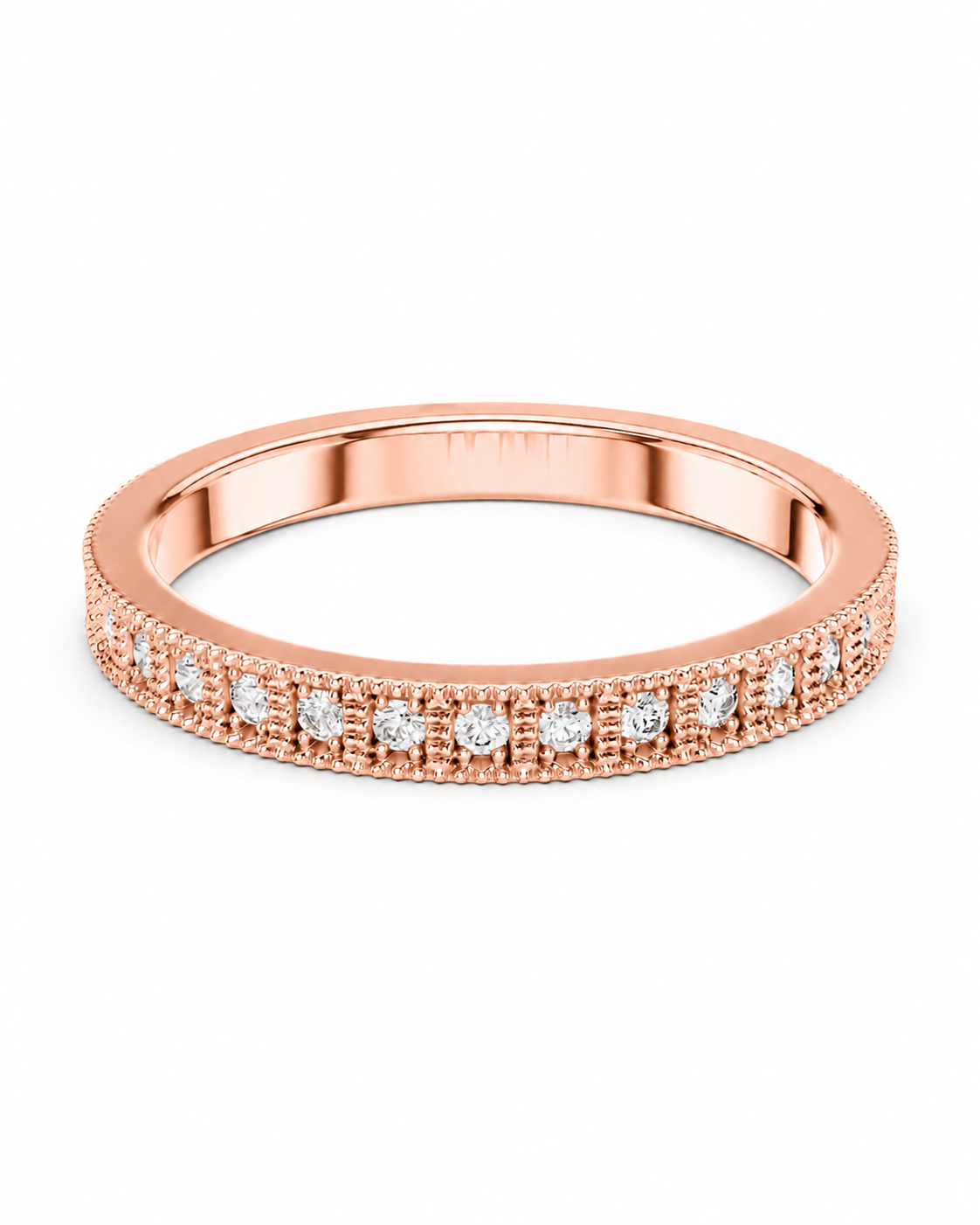 color_10K_RG, color_14K_RG &&	A rose gold eternity ring featuring a continuous row of round-cut clear gemstones in a beaded setting, shown on a clean white background.