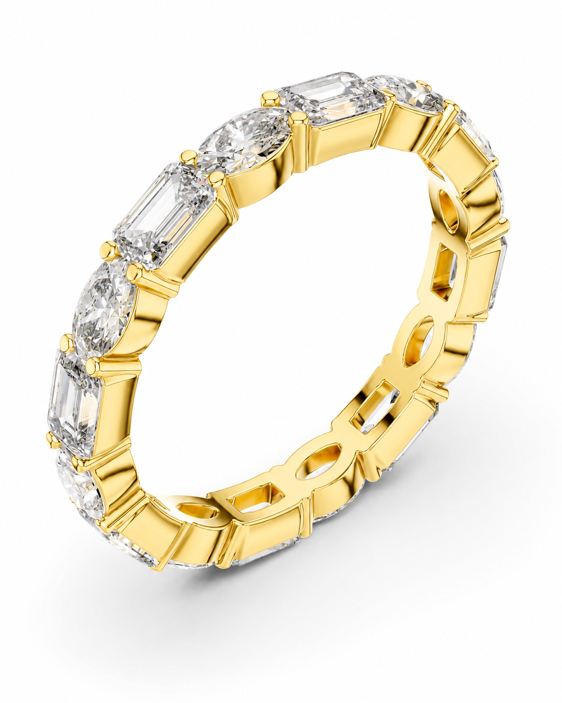 color_10K_YG, color_14K_YG &&	
A yellow gold eternity ring featuring a continuous row of baguette-cut clear gemstones in a prong setting, shown on a clean white background.