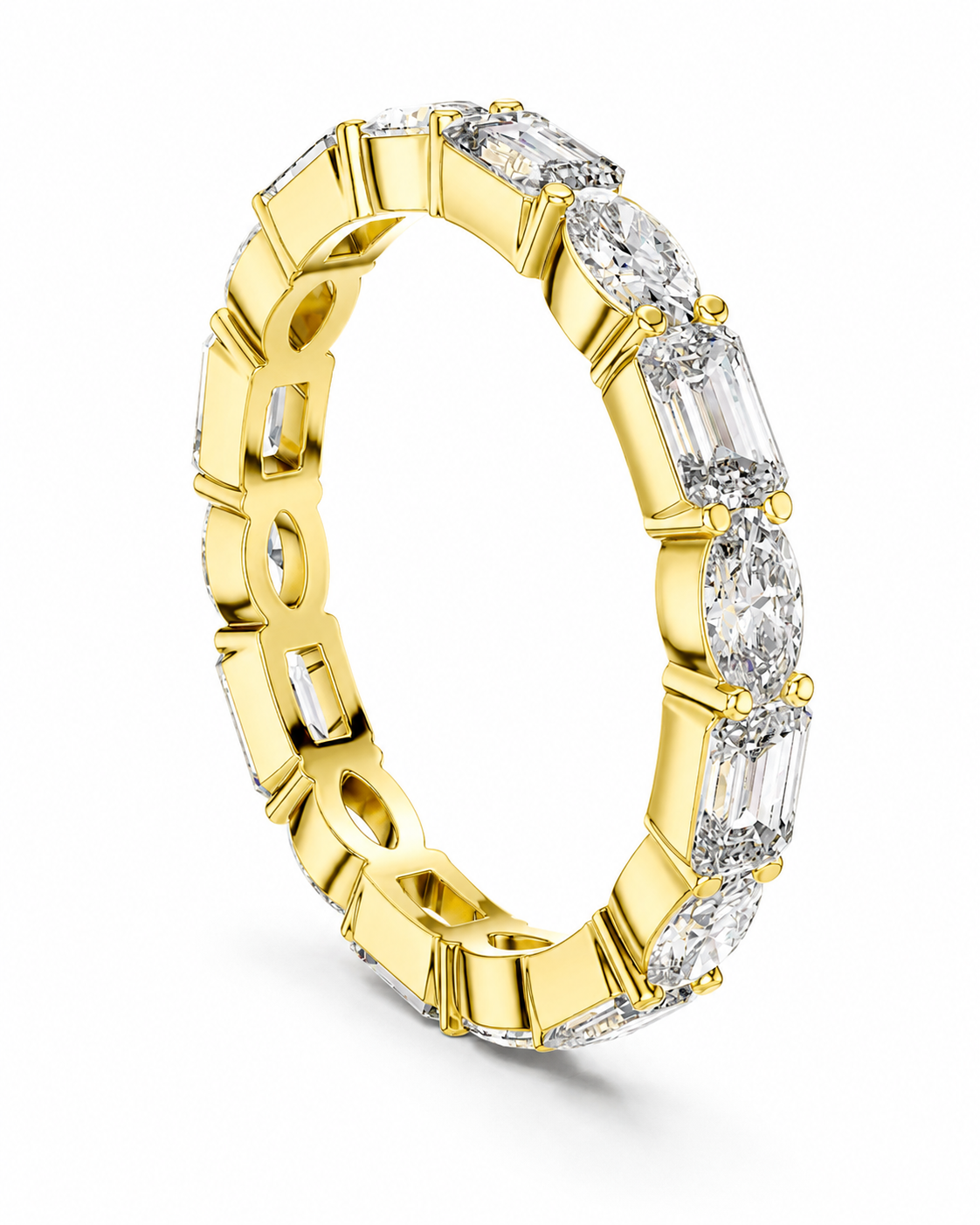 color_10K_YG, color_14K_YG &&	
A yellow gold eternity ring featuring a continuous row of clear baguette and oval-cut gemstones, shown on a clean white background.