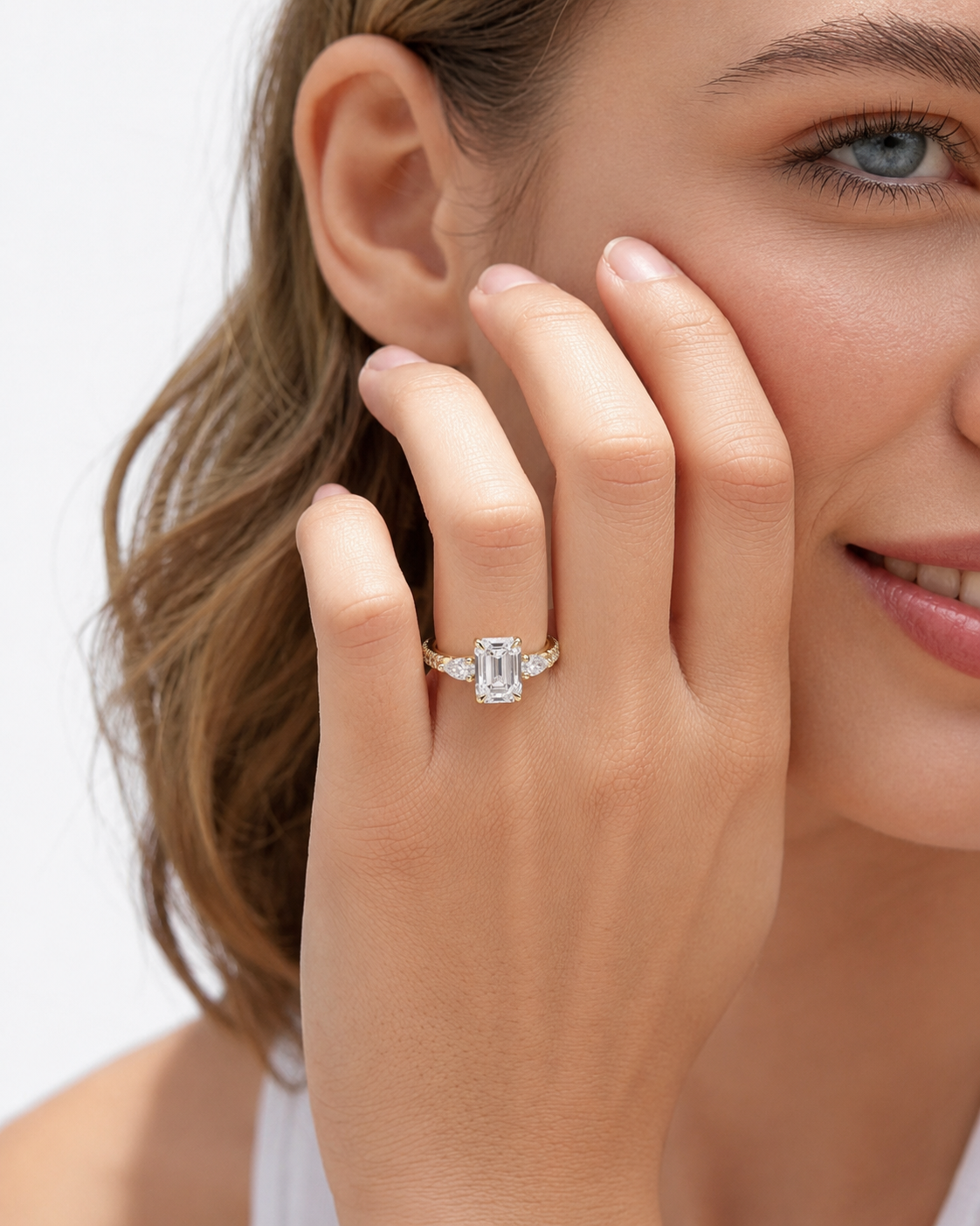 color_10K_YG, color_14K_YG &&Emerald moissanite engagement ring with pave accent band design
