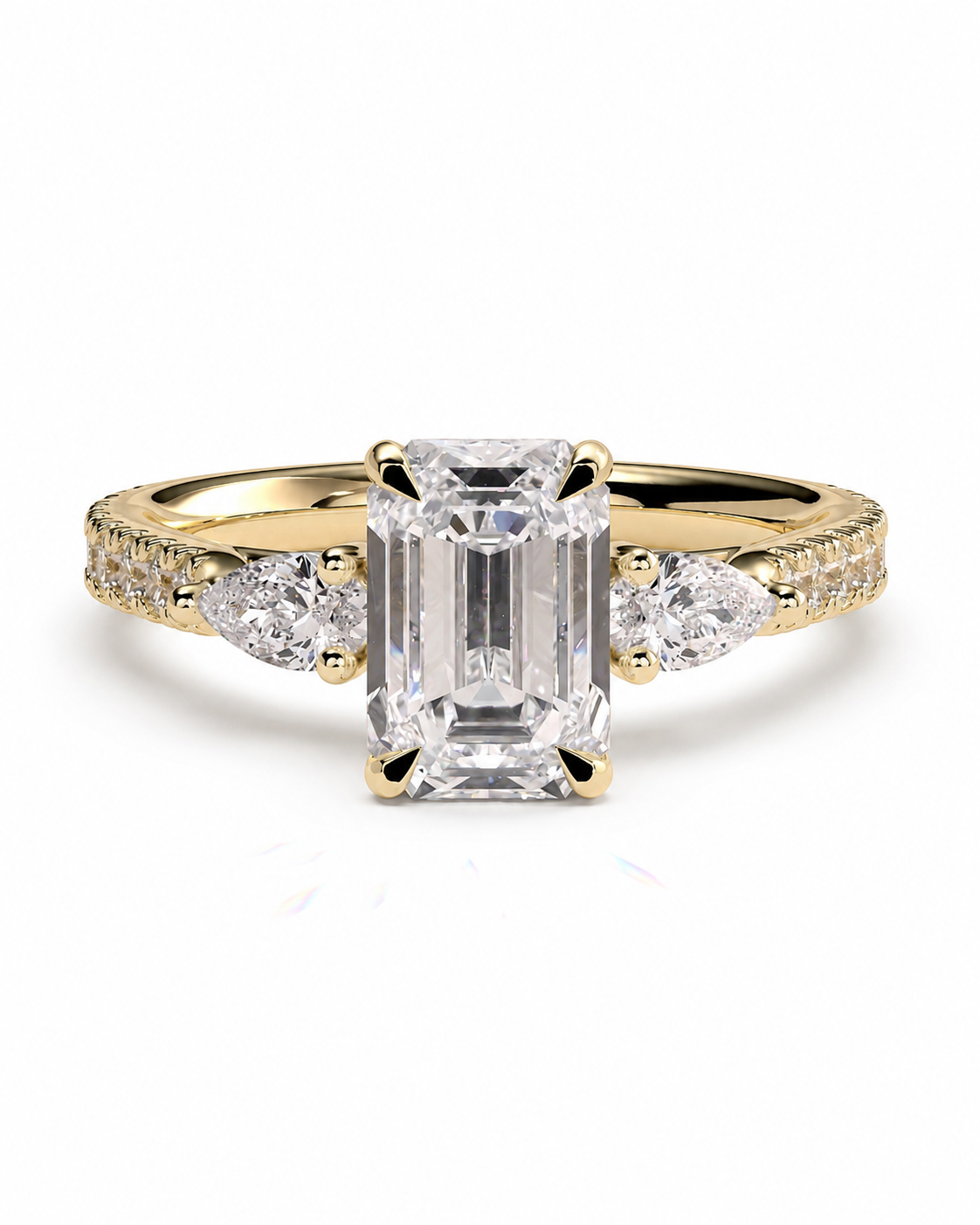 color_10K_YG, color_14K_YG &&Emerald moissanite engagement ring with pave accent band design
