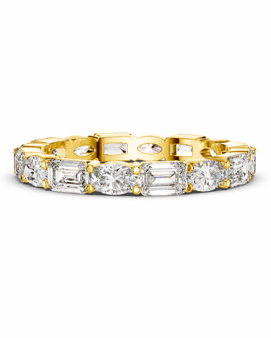 color_10K_YG, color_14K_YG &&	
A yellow gold eternity ring featuring a continuous row of clear baguette and round-cut gemstones, presented on a clean white background.
