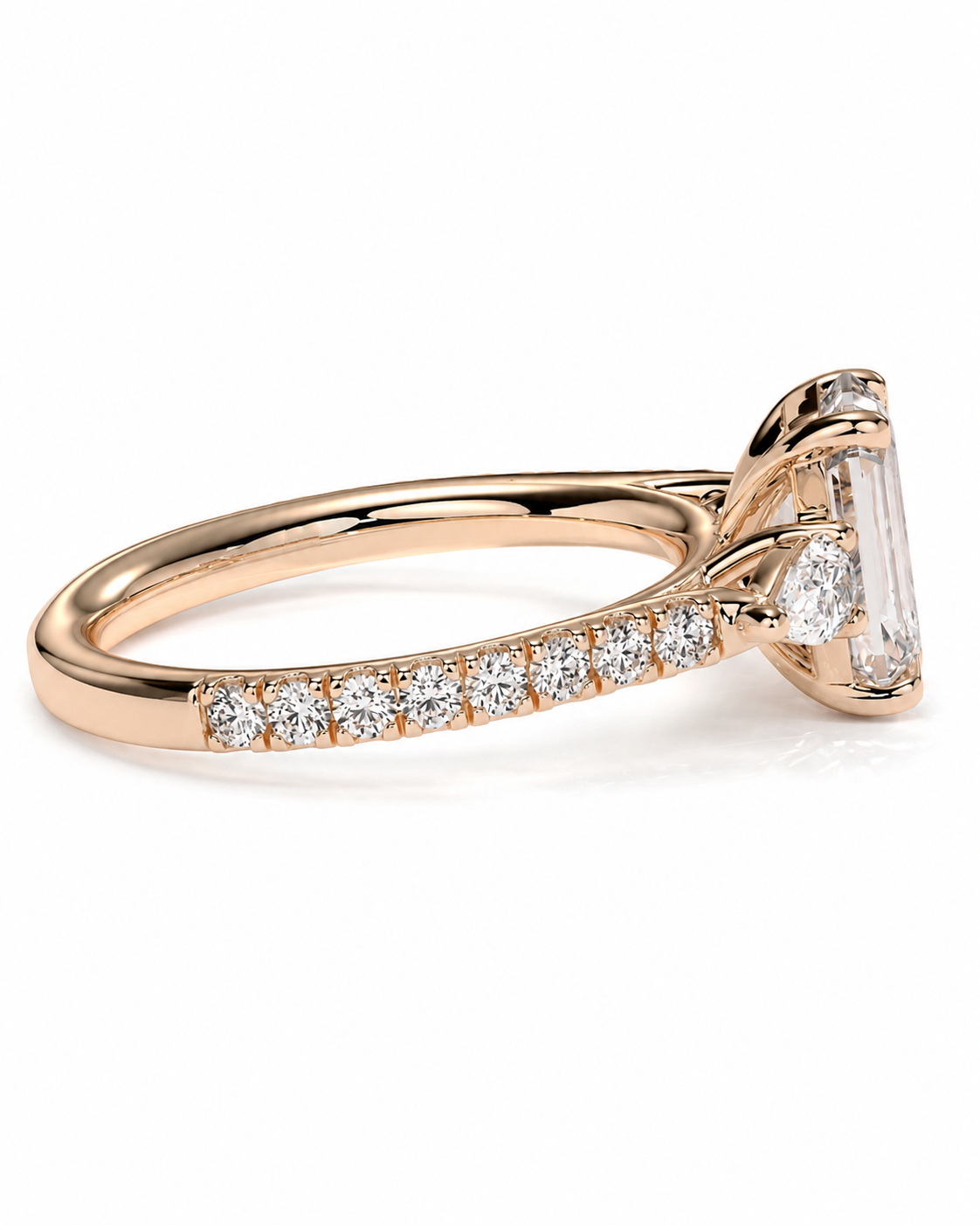 color_10K_RG, color_14K_RG &&A rose gold engagement ring featuring a large rectangular emerald-cut center stone and a pave band with small round stones, shown on a clean white background.