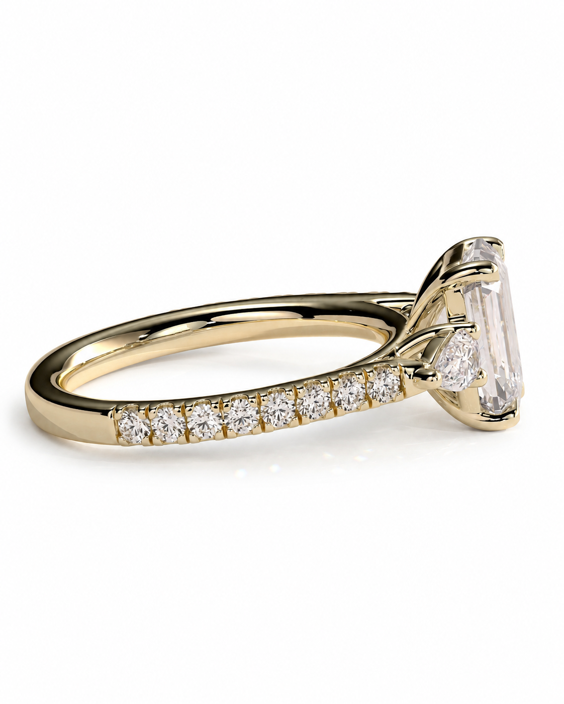 color_10K_YG, color_14K_YG &&Luxury emerald moissanite ring featuring detailed side stones
