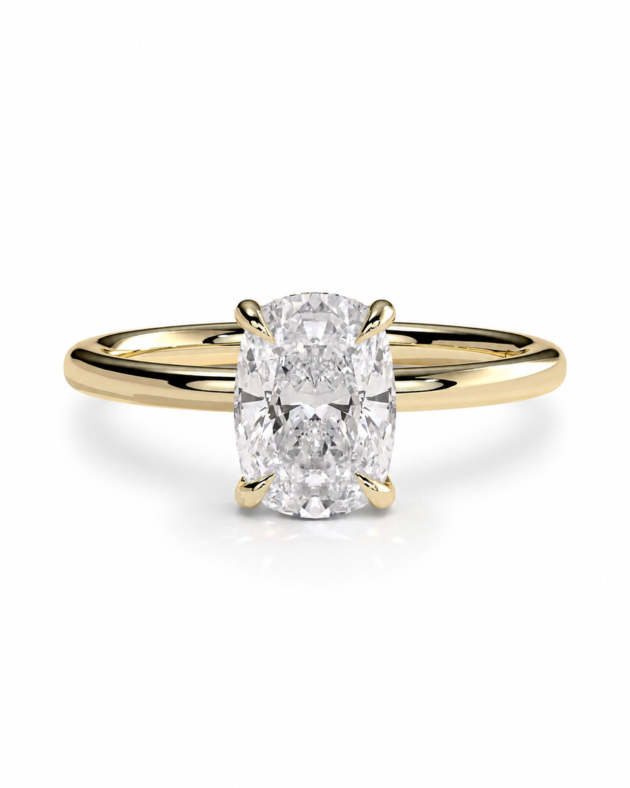 color_10K_YG, color_14K_YG &&Elongated cushion moissanite engagement ring with solitaire design

