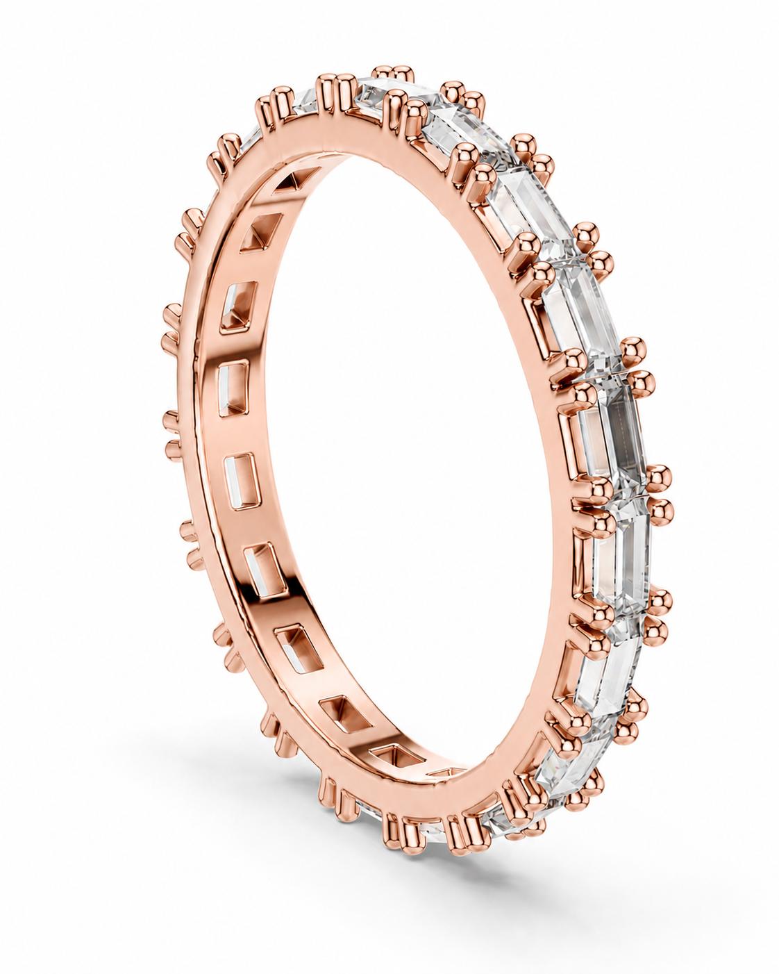 color_10K_RG, color_14K_RG &&	A rose gold eternity ring featuring a channel-set row of clear baguette and round-cut gemstones, shown on a clean white background.