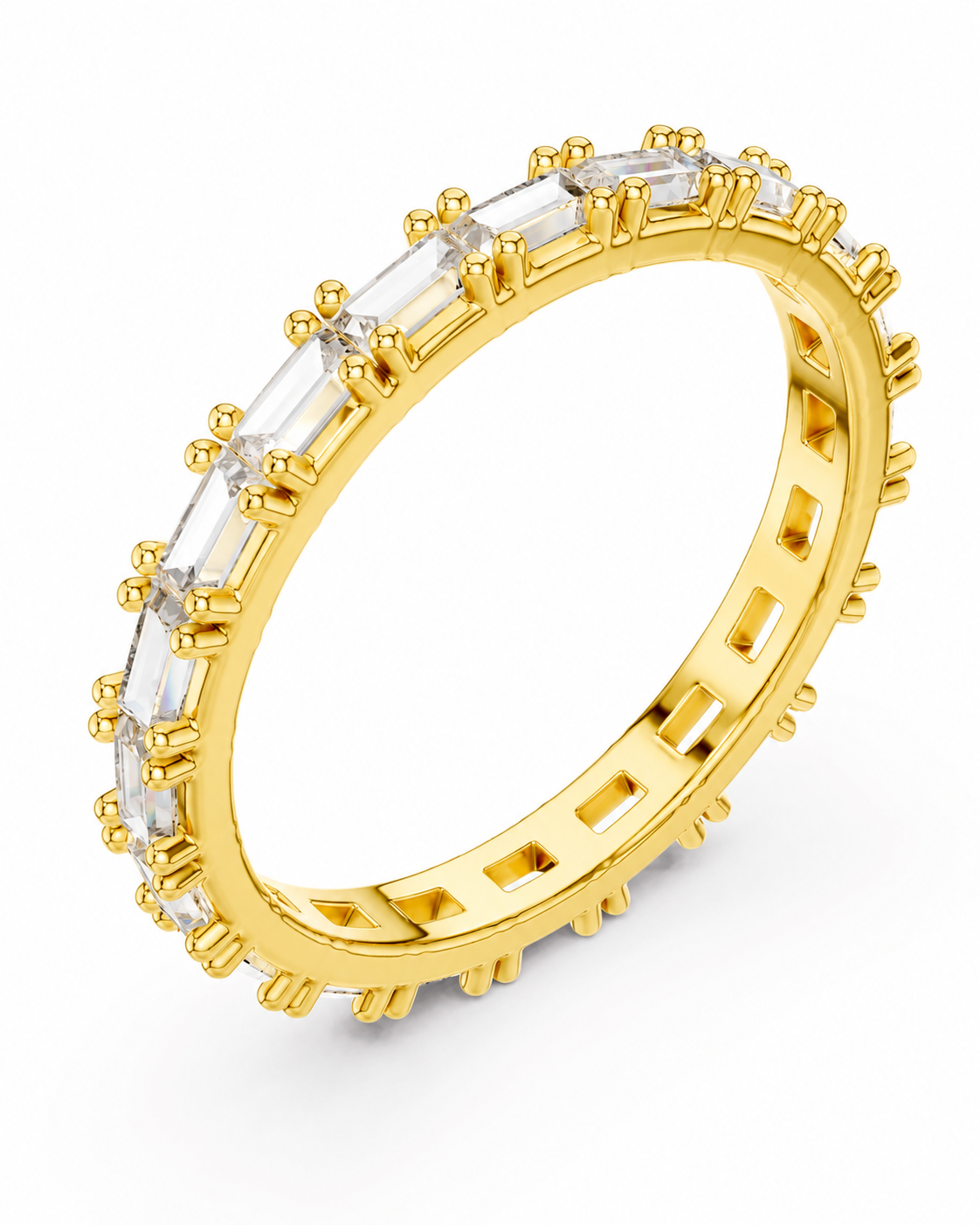 color_10K_YG, color_14K_YG &&	
A yellow gold eternity ring featuring a continuous channel setting of clear baguette-cut gemstones, shown on a clean white background.
