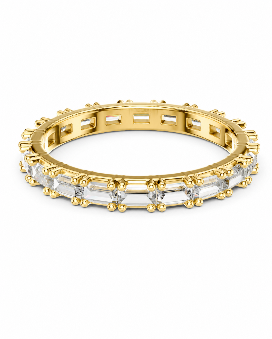 color_10K_YG, color_14K_YG &&	
A gold eternity-style ring with a continuous row of clear rectangular baguette-cut gemstones, shown on a plain white background.