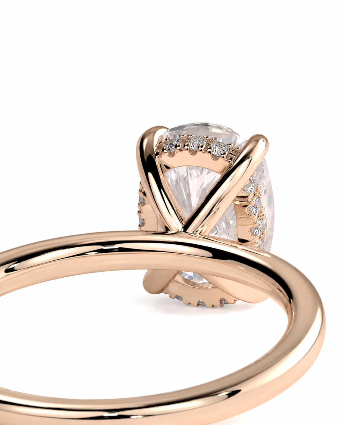 color_10K_RG, color_14K_RG &&Rose gold ring with a large oval clear gemstone in a prong setting, accented with small pave diamonds, shown on a white background.