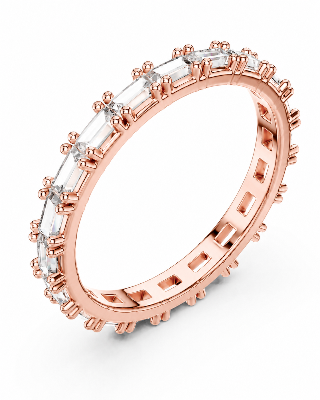 color_10K_RG, color_14K_RG &&	A rose gold eternity ring featuring a continuous channel setting of clear baguette-cut diamonds, shown on a clean white background.