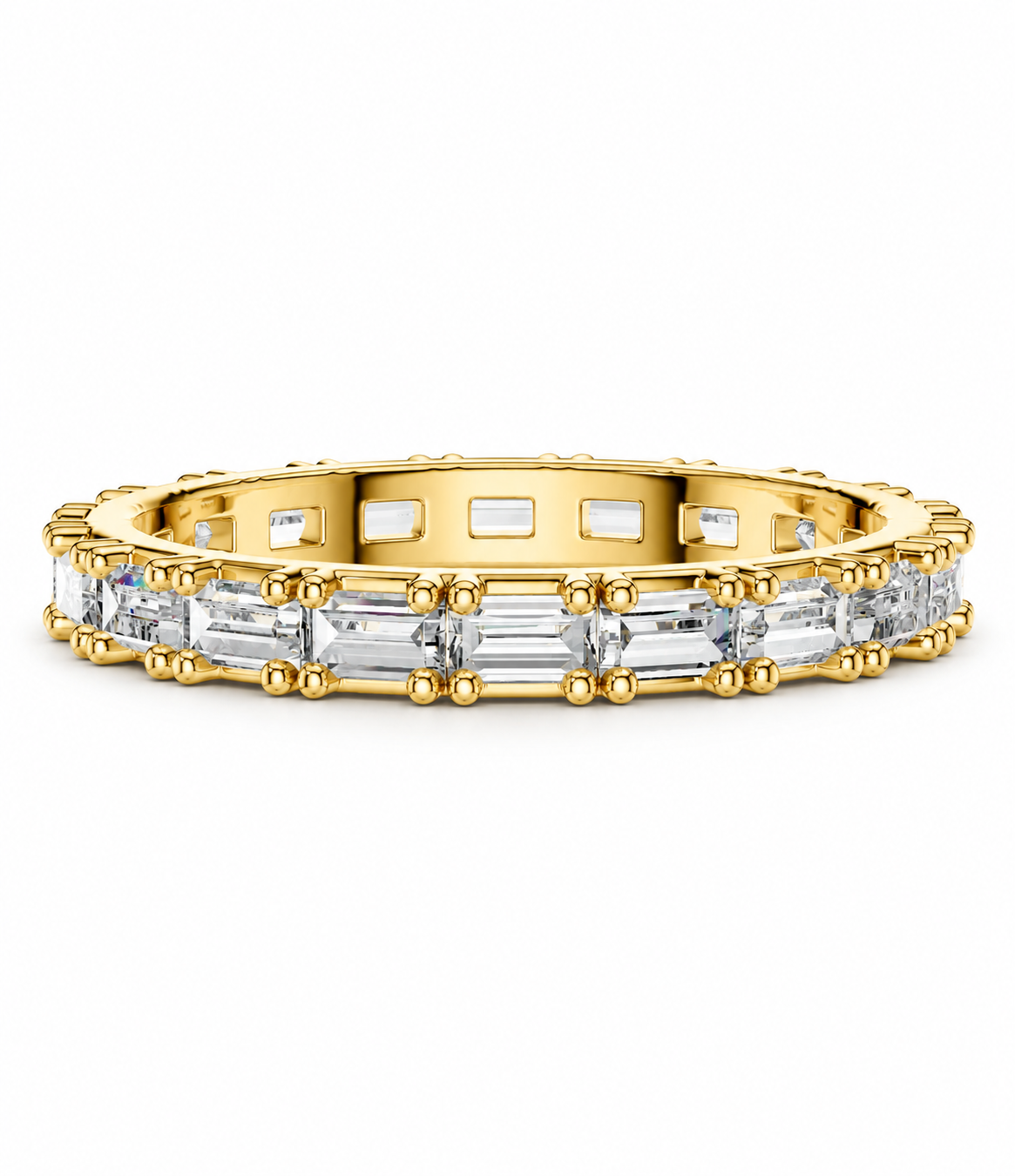 color_10K_YG, color_14K_YG &&	
A yellow gold eternity ring featuring a continuous row of baguette-cut clear gemstones in a beaded setting, shown against a plain white background.