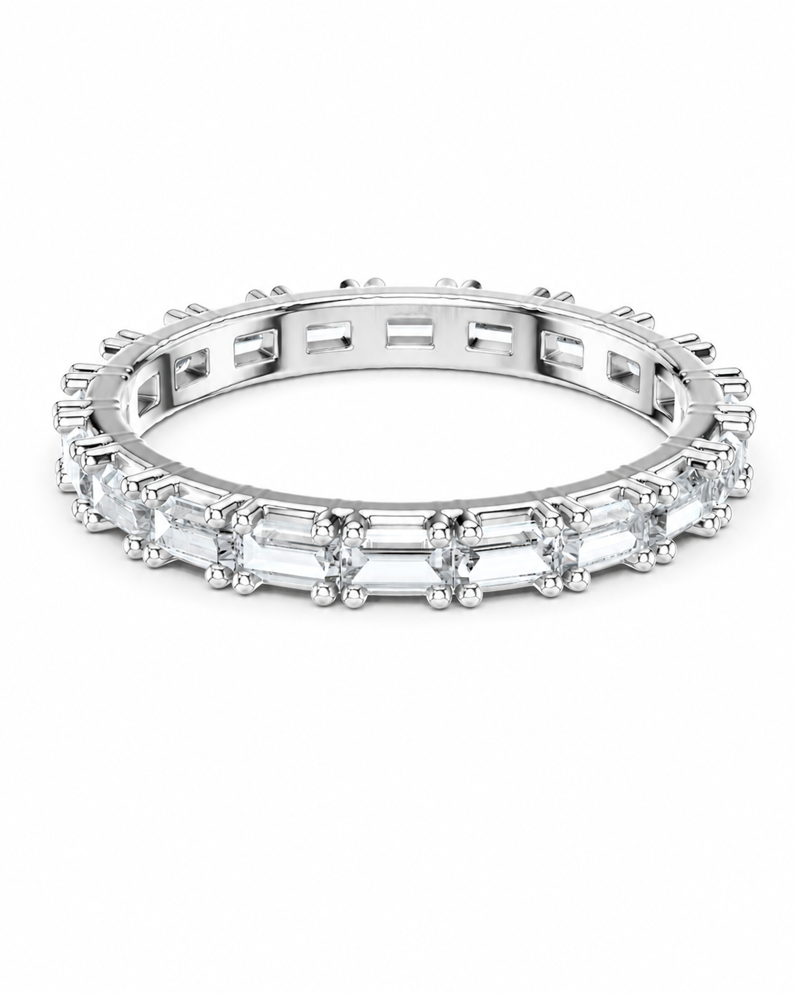color_925_SIL,color_935_ARG,color_10K_WG, color_14K_WG &&	
A silver-tone eternity band ring set with baguette and round clear gemstones, shown on a plain white background.