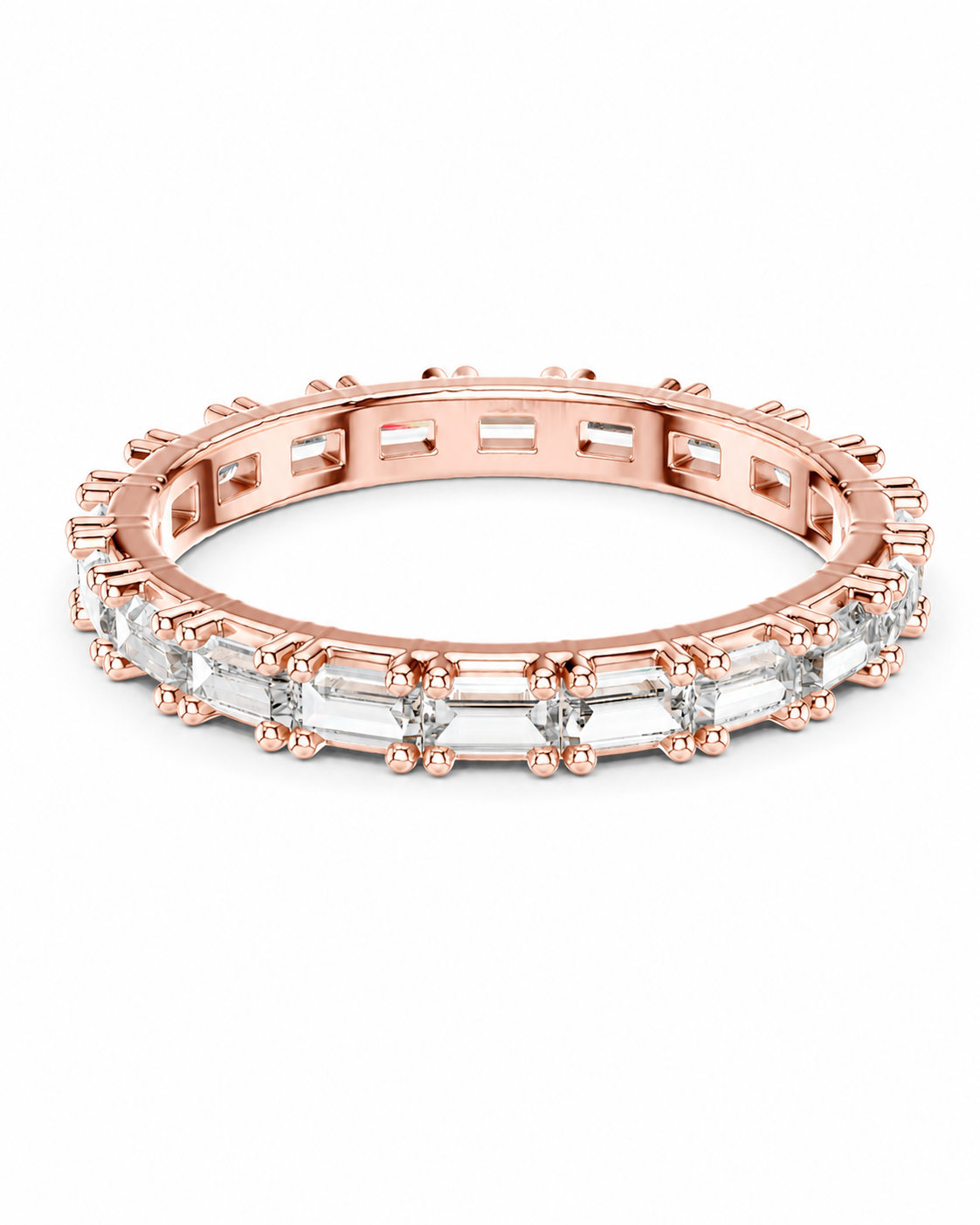 color_10K_RG, color_14K_RG &&	A rose gold eternity band ring featuring a channel setting of clear baguette and round-cut gemstones, shown on a clean white background.