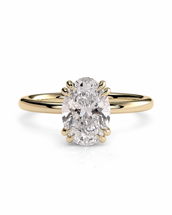 color_10K_YG, color_14K_YG &&Oval moissanite engagement ring with refined solitaire setting view
