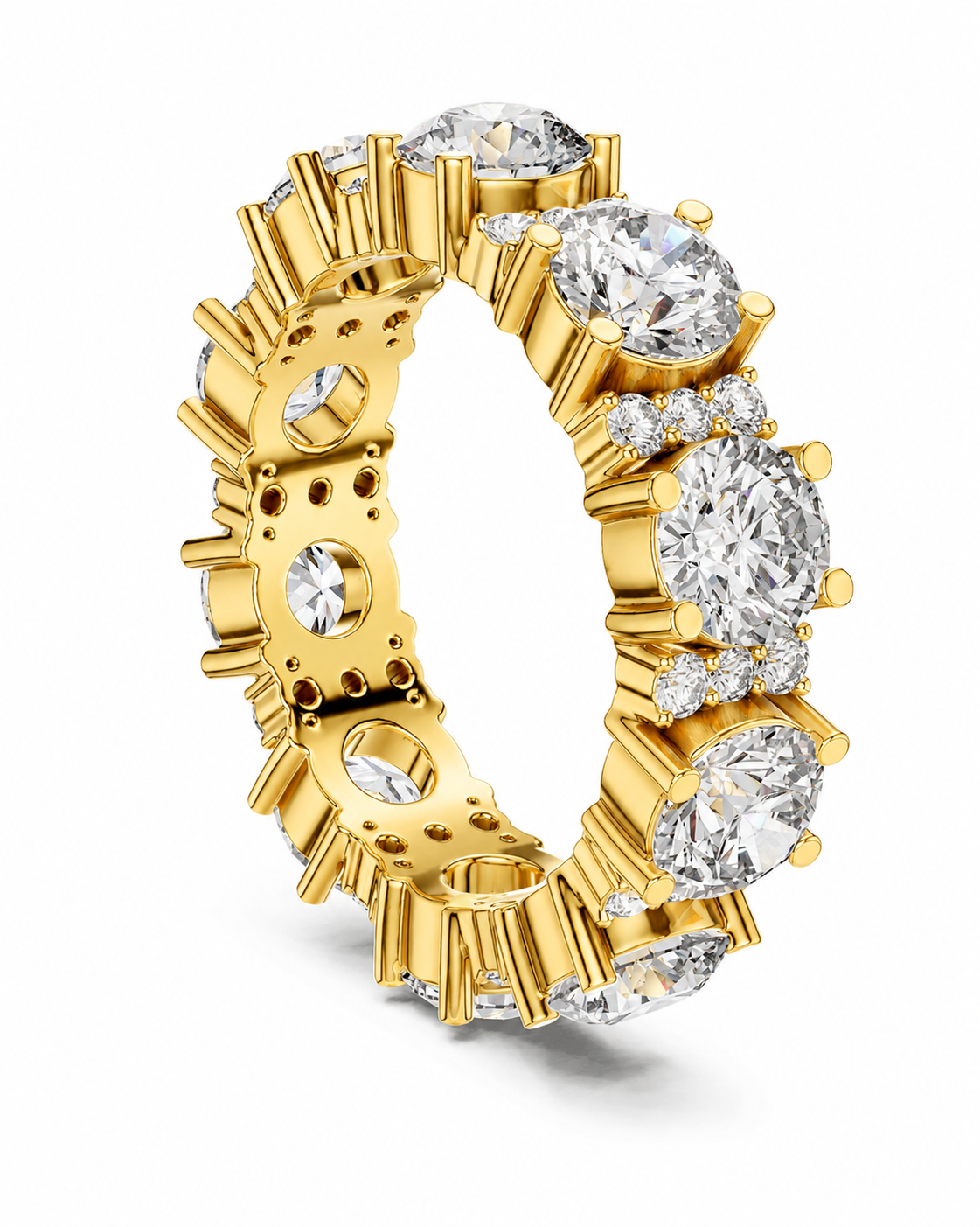 color_10K_YG, color_14K_YG &&	
A yellow gold eternity ring featuring large round-cut clear stones and smaller accent diamonds, shown on a clean white background.