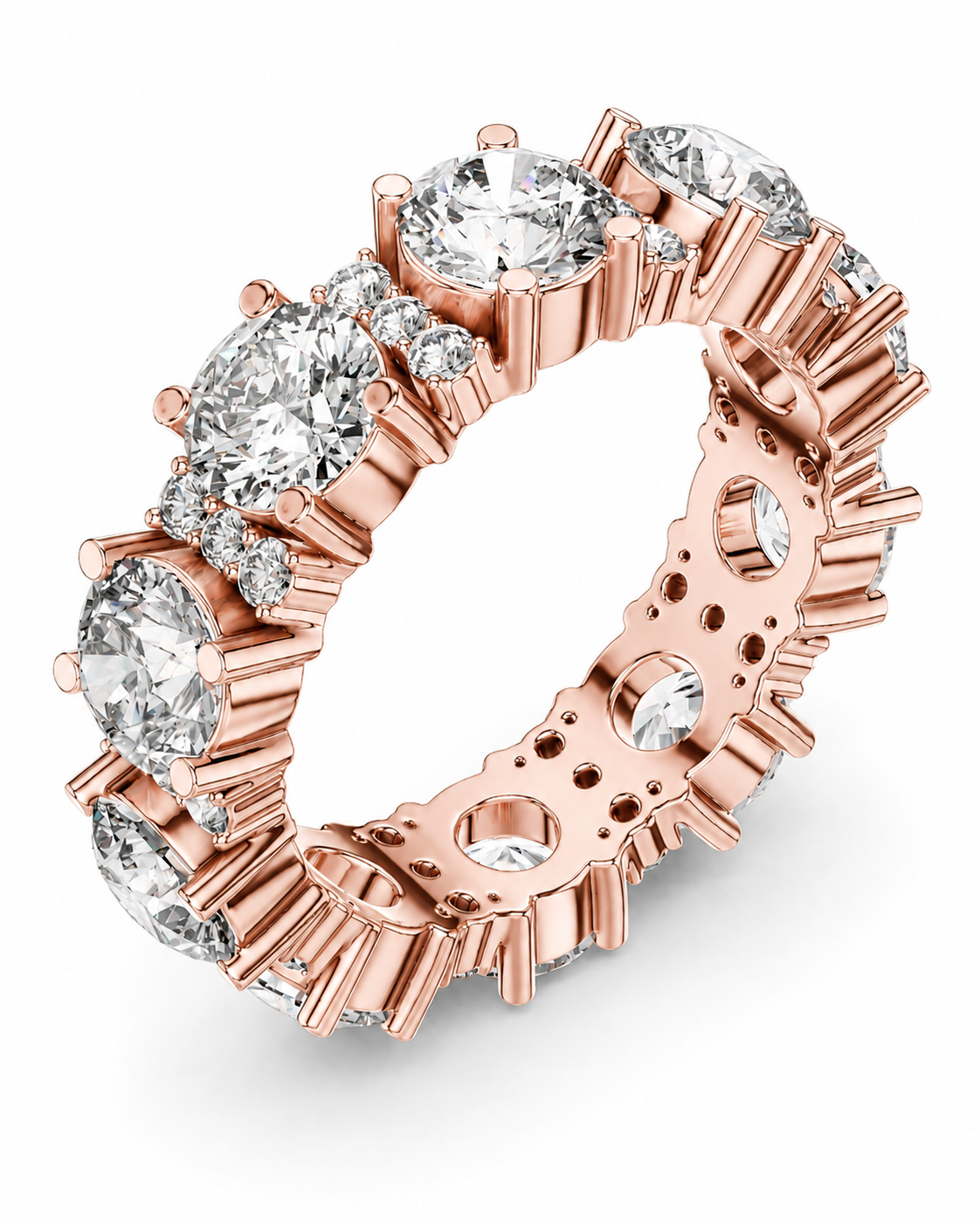 color_10K_RG, color_14K_RG &&	A rose gold eternity band ring featuring a continuous row of round-cut clear diamonds in prong settings, shown on a clean white background.