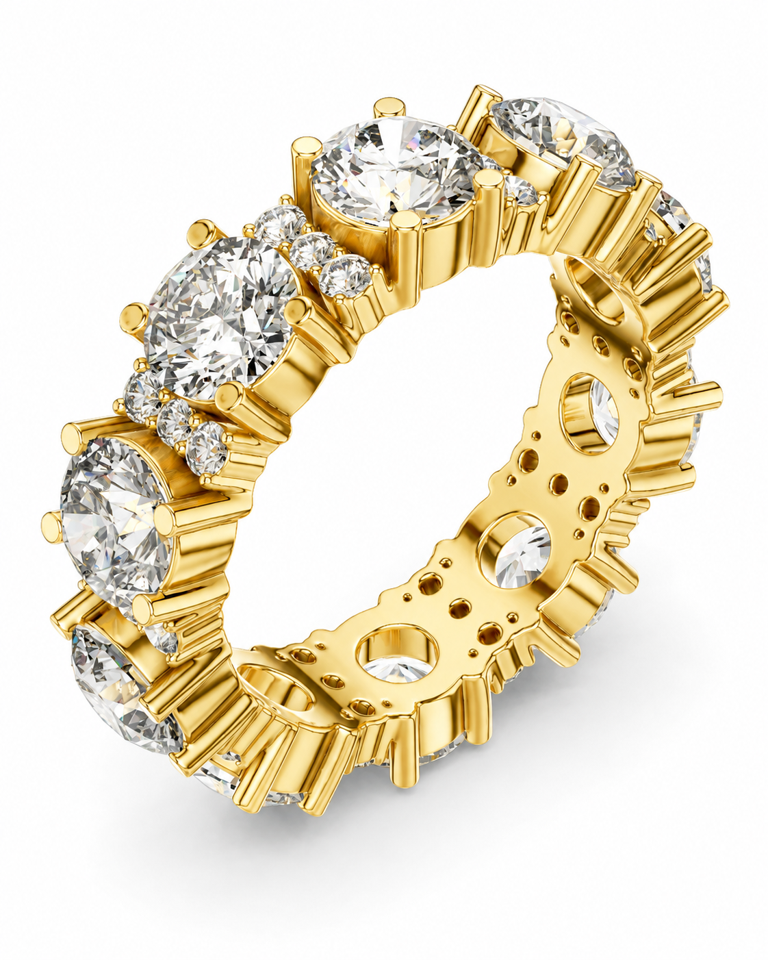 color_10K_YG, color_14K_YG &&	
A gold eternity ring featuring round brilliant-cut diamonds and small accent diamonds, shown on a clean white background.