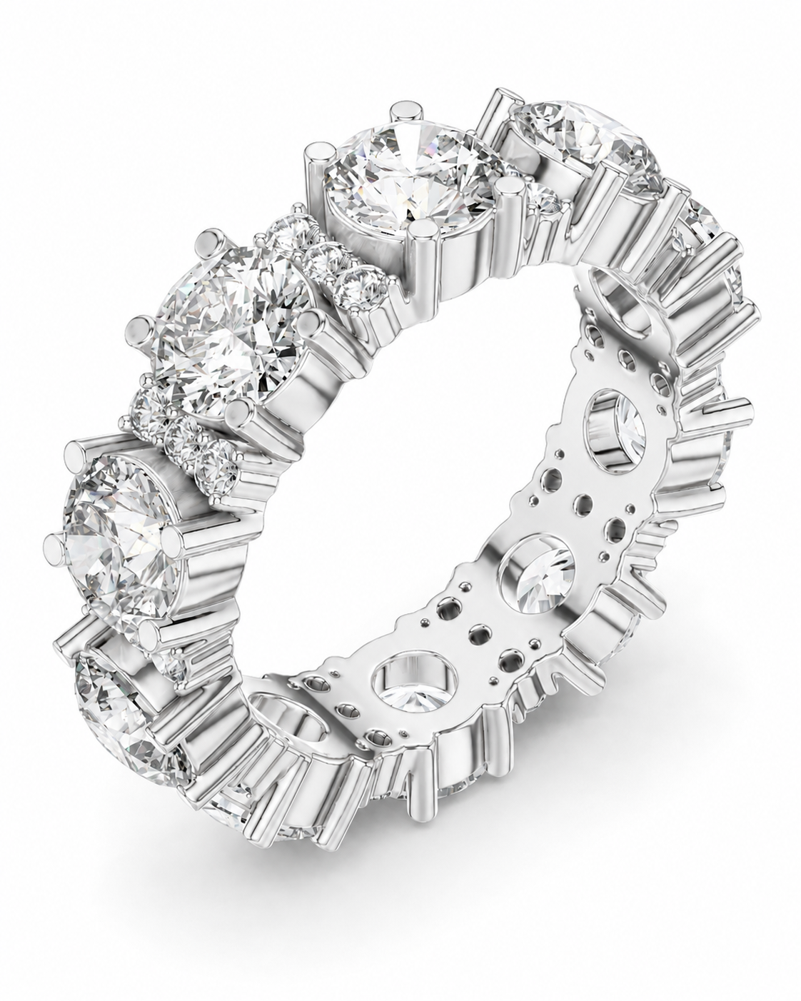 color_925_SIL,color_935_ARG,color_10K_WG, color_14K_WG &&	
A diamond eternity ring in a silver-toned metal setting, featuring alternating round brilliant-cut diamonds and baguette-cut diamonds, shown on a clean white background.