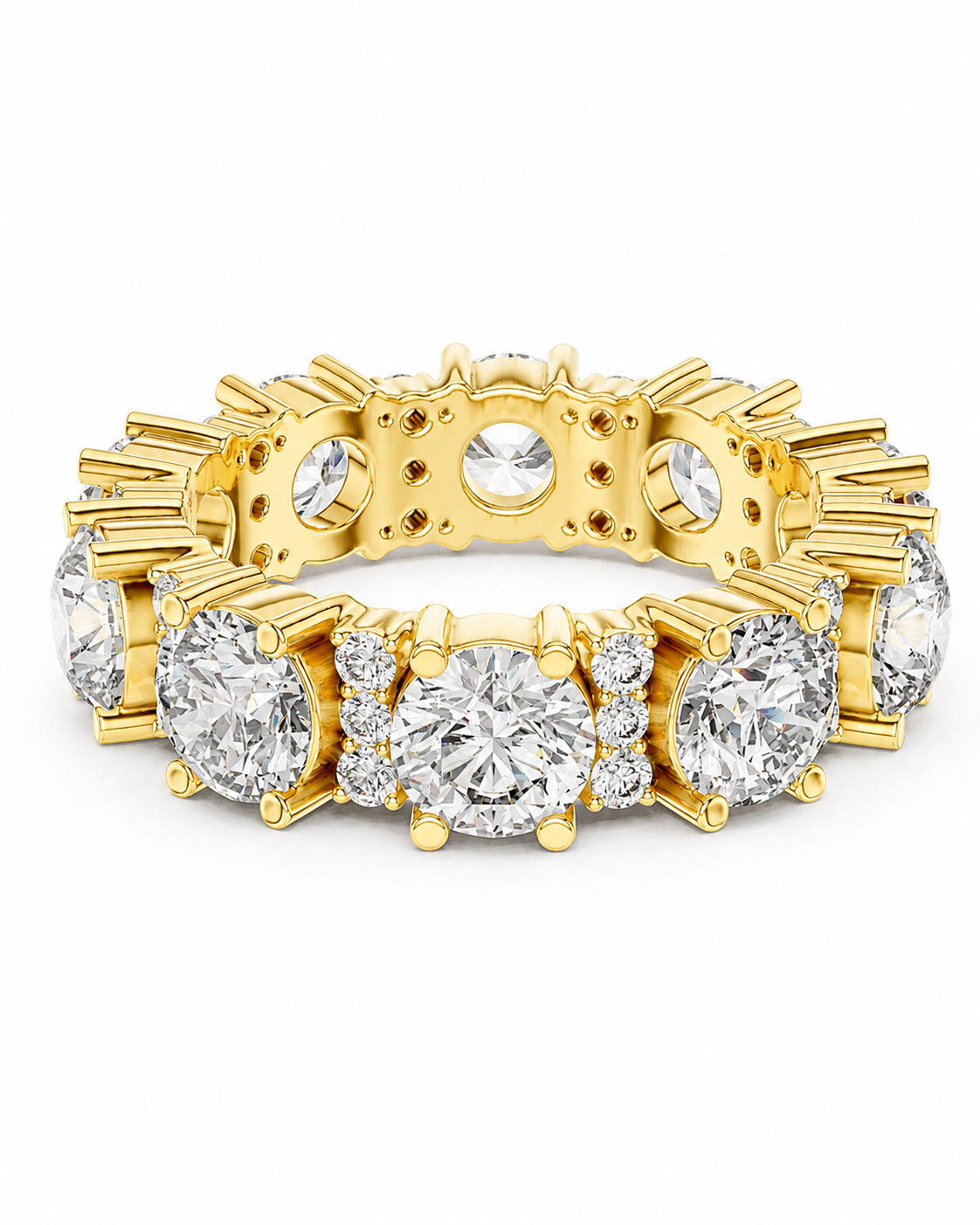 color_10K_YG, color_14K_YG &&	
A yellow gold eternity ring featuring multiple round brilliant-cut clear diamonds in a prong setting, shown on a clean white background.