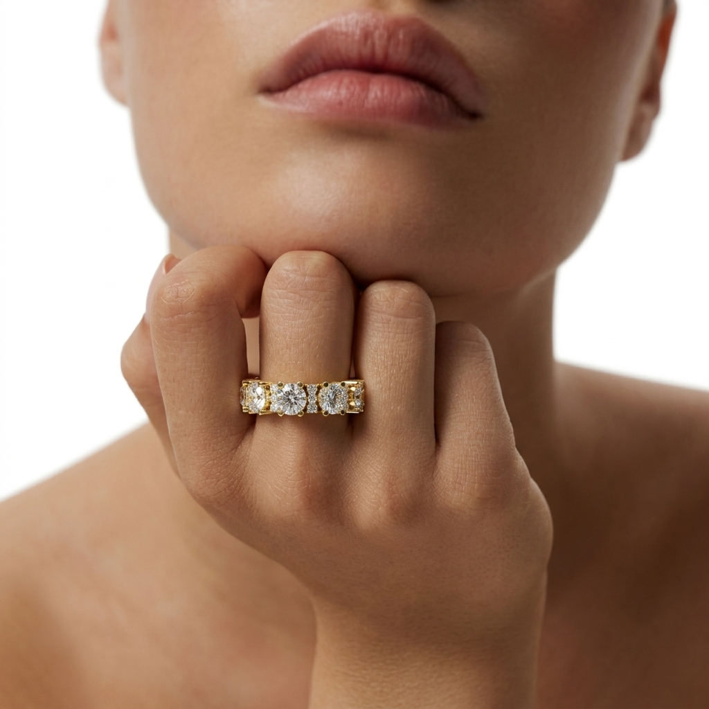 color_10K_YG, color_14K_YG &&	
Wedding band for women showcasing large round moissanite stones with sparkling clusters.