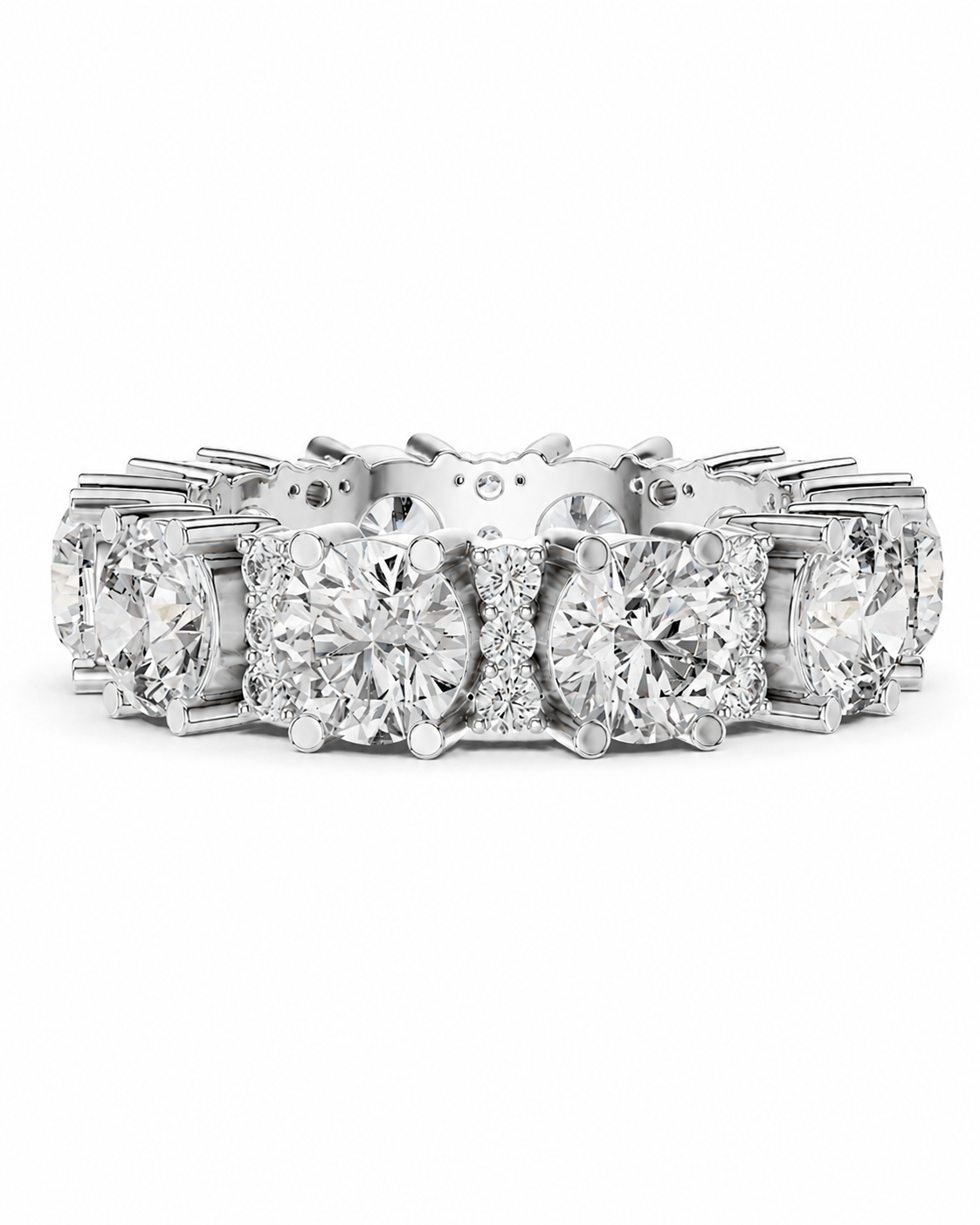 color_925_SIL,color_935_ARG,color_10K_WG, color_14K_WG &&	
A diamond eternity ring in a silver-toned metal setting, featuring multiple round brilliant-cut diamonds and smaller accent diamonds, shown against a plain white background.
