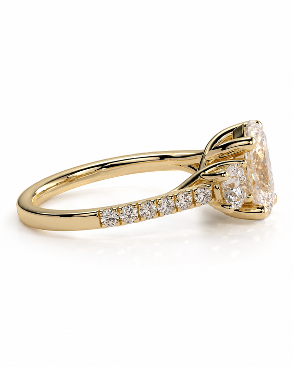 color_10K_YG, color_14K_YG &&Three stone moissanite engagement ring with refined polished craftsmanship
