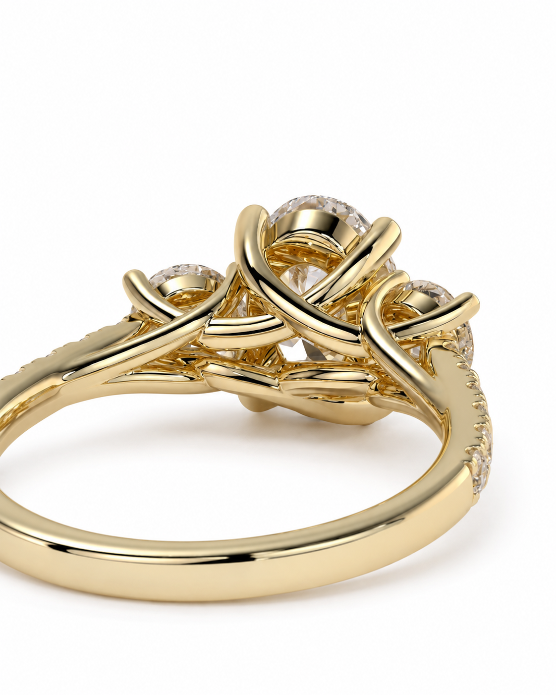 color_10K_YG, color_14K_YG &&Side view of oval moissanite engagement ring with detailed gallery design
