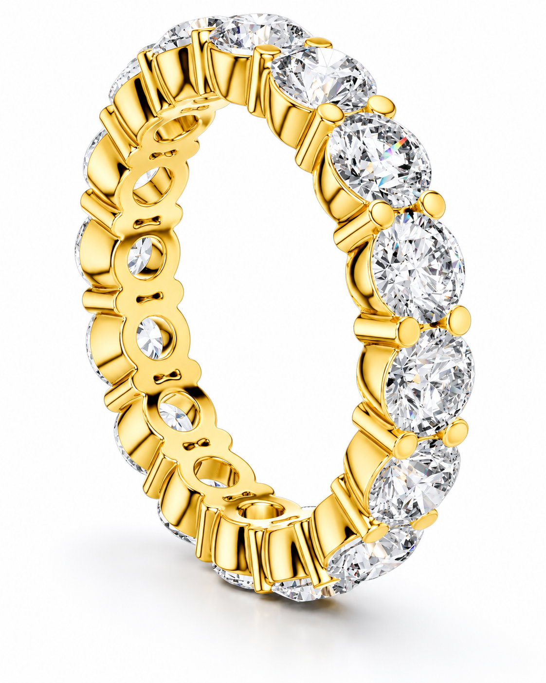 color_10K_YG, color_14K_YG &&	
A yellow gold eternity ring featuring a continuous row of round brilliant-cut clear gemstones in a prong setting, shown on a clean white background.