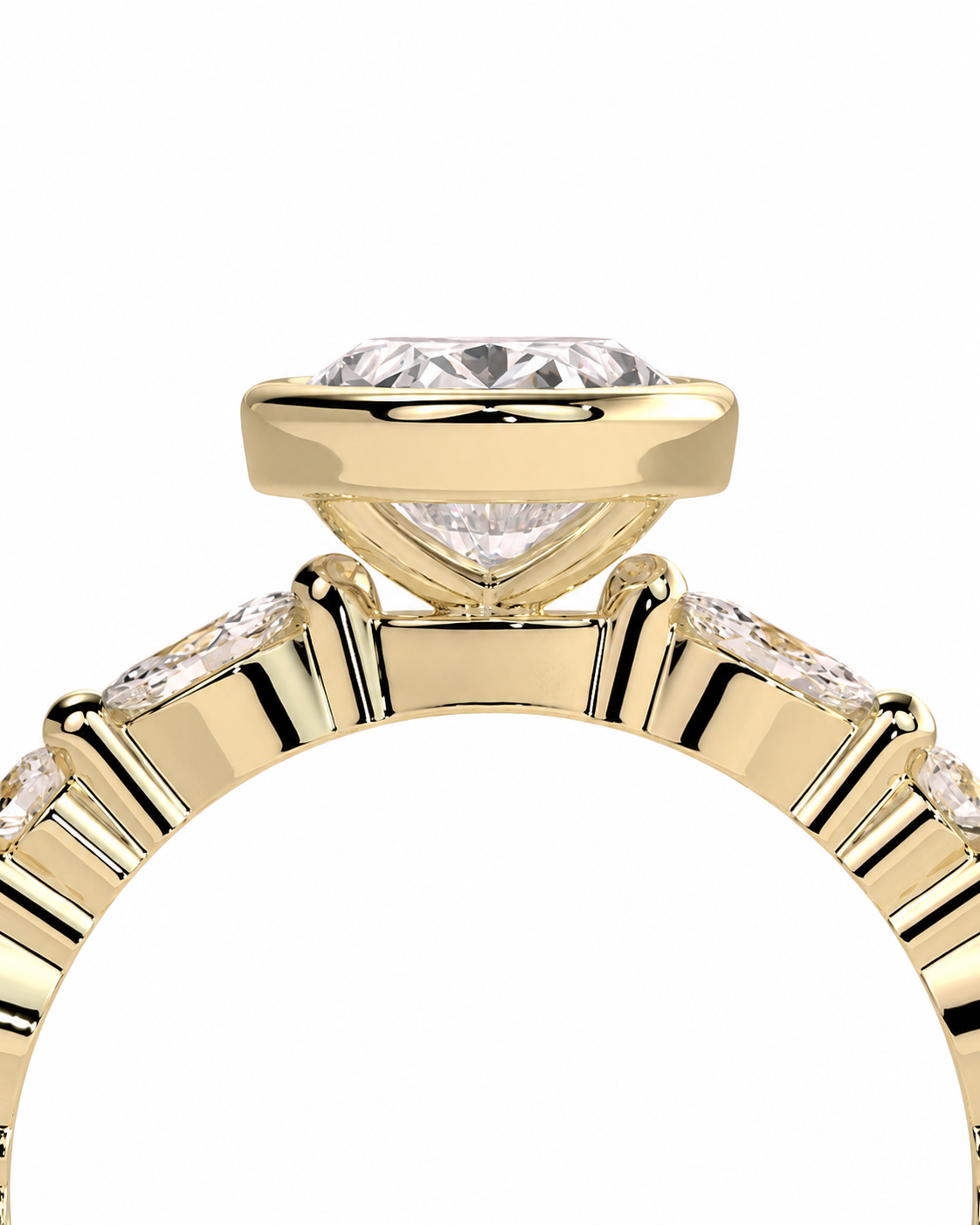 color_10K_YG, color_14K_YG &&Close-up of a yellow gold ring with a large round-cut diamond center stone and smaller diamonds along the band, shown on a white background.