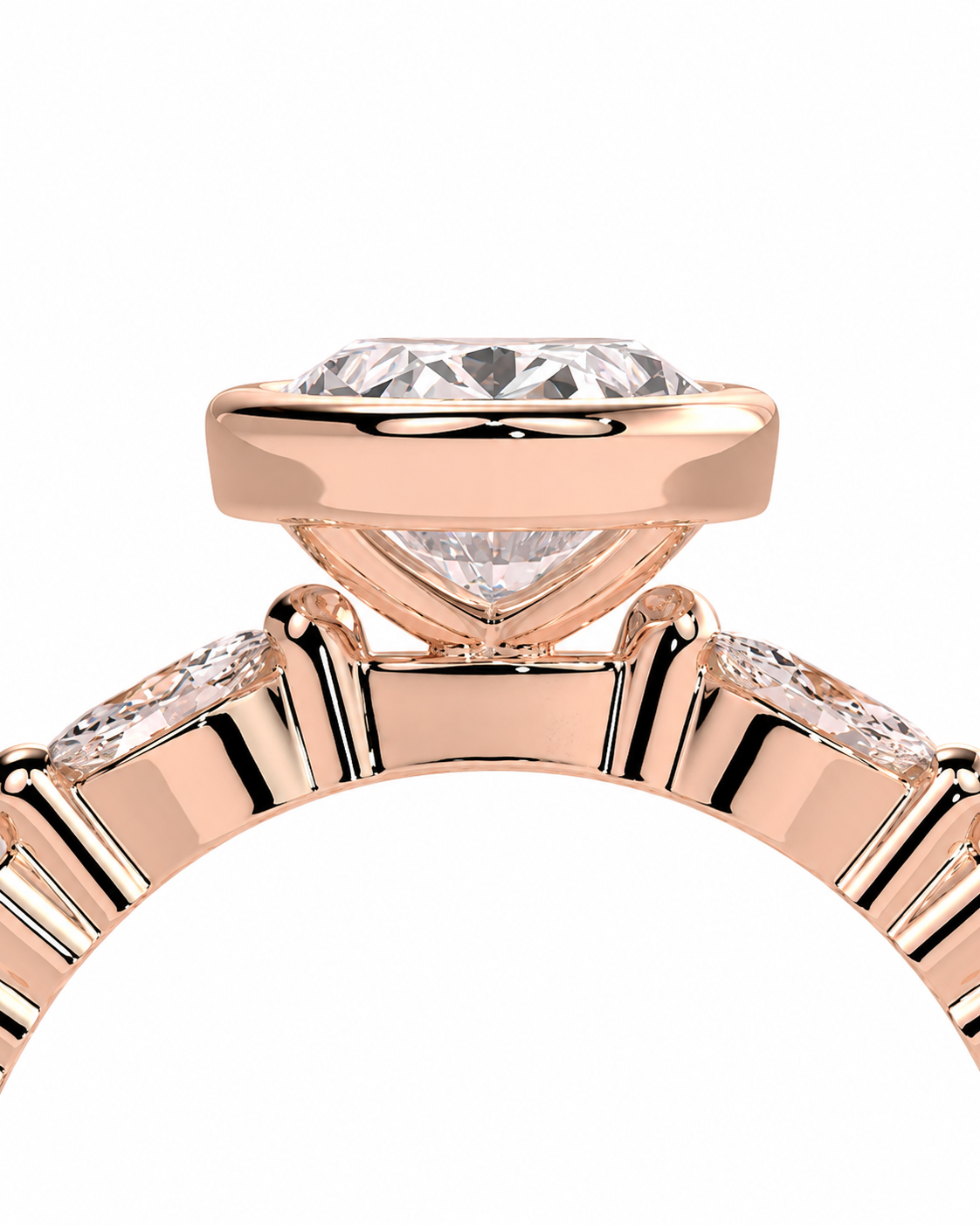 color_10K_RG, color_14K_RG &&Close-up of a rose gold ring with a brilliant round-cut diamond center stone and smaller diamonds along the band, set against a plain white background.