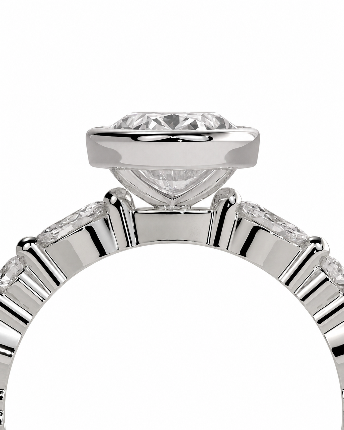 color_925_SIL,color_935_ARG,color_10K_WG, color_14K_WG &&A close-up studio shot of a silver-toned ring featuring a marquise-cut diamond center stone in a prong setting, with smaller round diamonds along the band, shown against a plain white background.