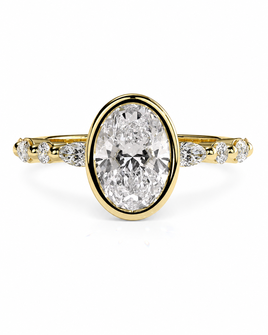 color_10K_YG, color_14K_YG &&A yellow gold ring featuring a large oval-cut diamond center stone with smaller marquise-cut diamonds set along the shoulders, shown on a clean white background.
