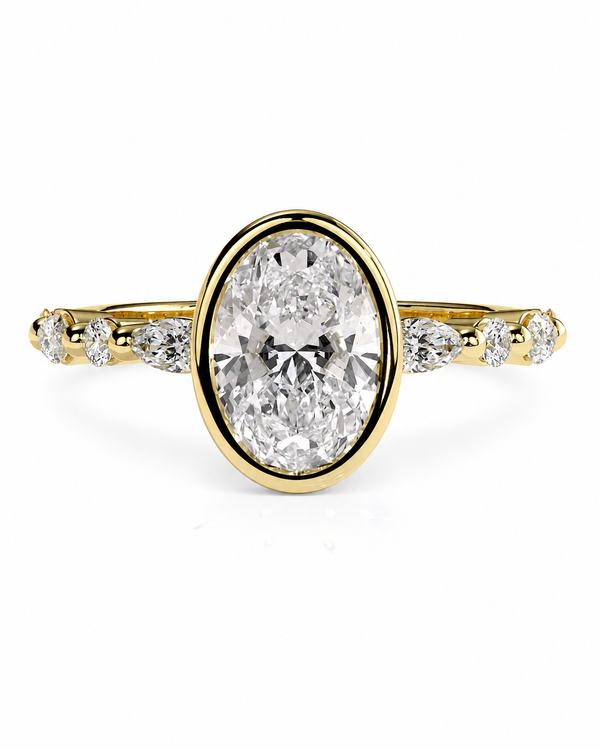color_10K_YG, color_14K_YG &&A yellow gold ring featuring a large oval-cut diamond center stone with smaller marquise-cut diamonds set along the shoulders, shown on a clean white background.
