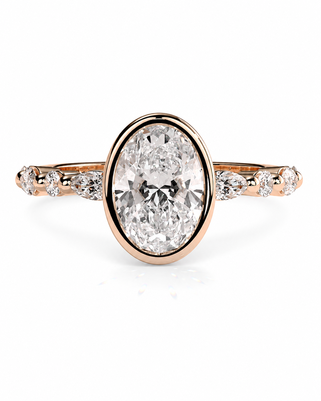 color_10K_RG, color_14K_RG &&An oval-cut diamond engagement ring in rose gold, featuring a bezel-set oval center stone with marquise-cut diamonds along the shoulders of a rose gold band, shown on a clean white background.