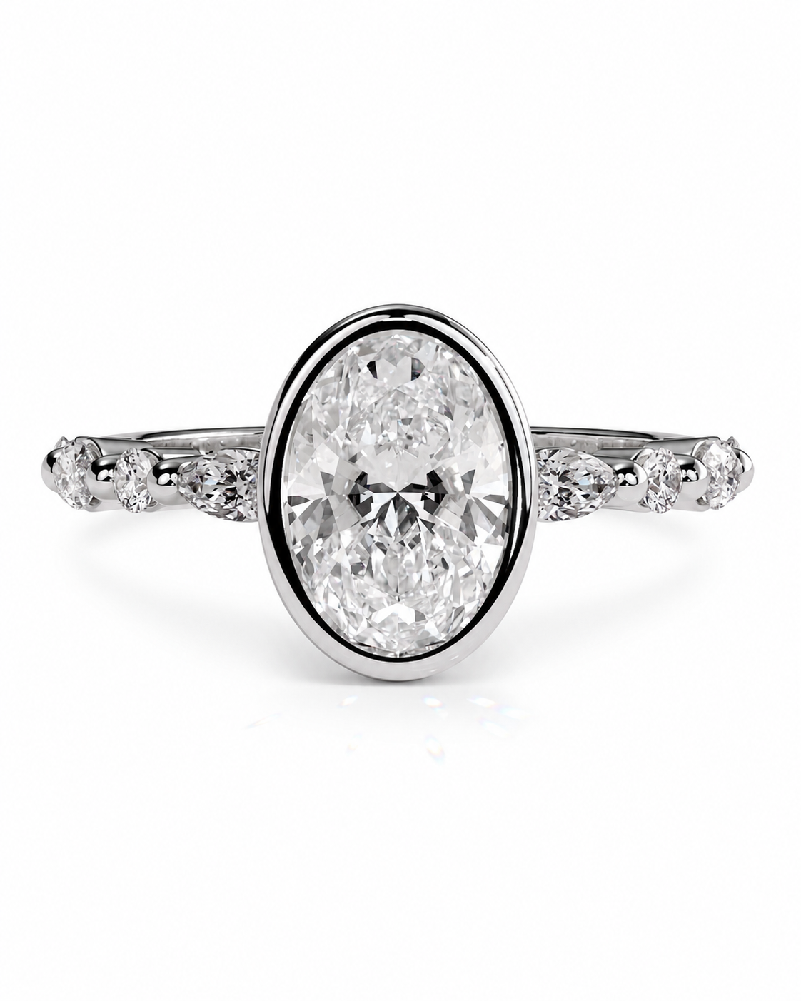 color_925_SIL,color_935_ARG,color_10K_WG, color_14K_WG &&An oval diamond engagement ring with a silver-toned band accented by small diamonds on either side, set against a clean white background.