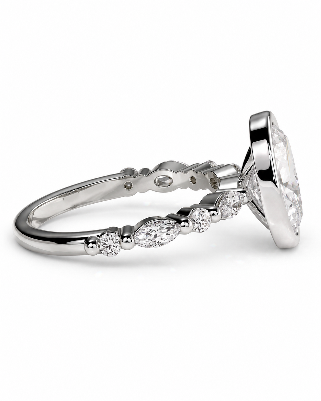 color_925_SIL,color_935_ARG,color_10K_WG, color_14K_WG &&A silver-toned diamond ring with a marquise-cut center stone and a shank accented with small round and oval diamonds, shown on a clean white background.
