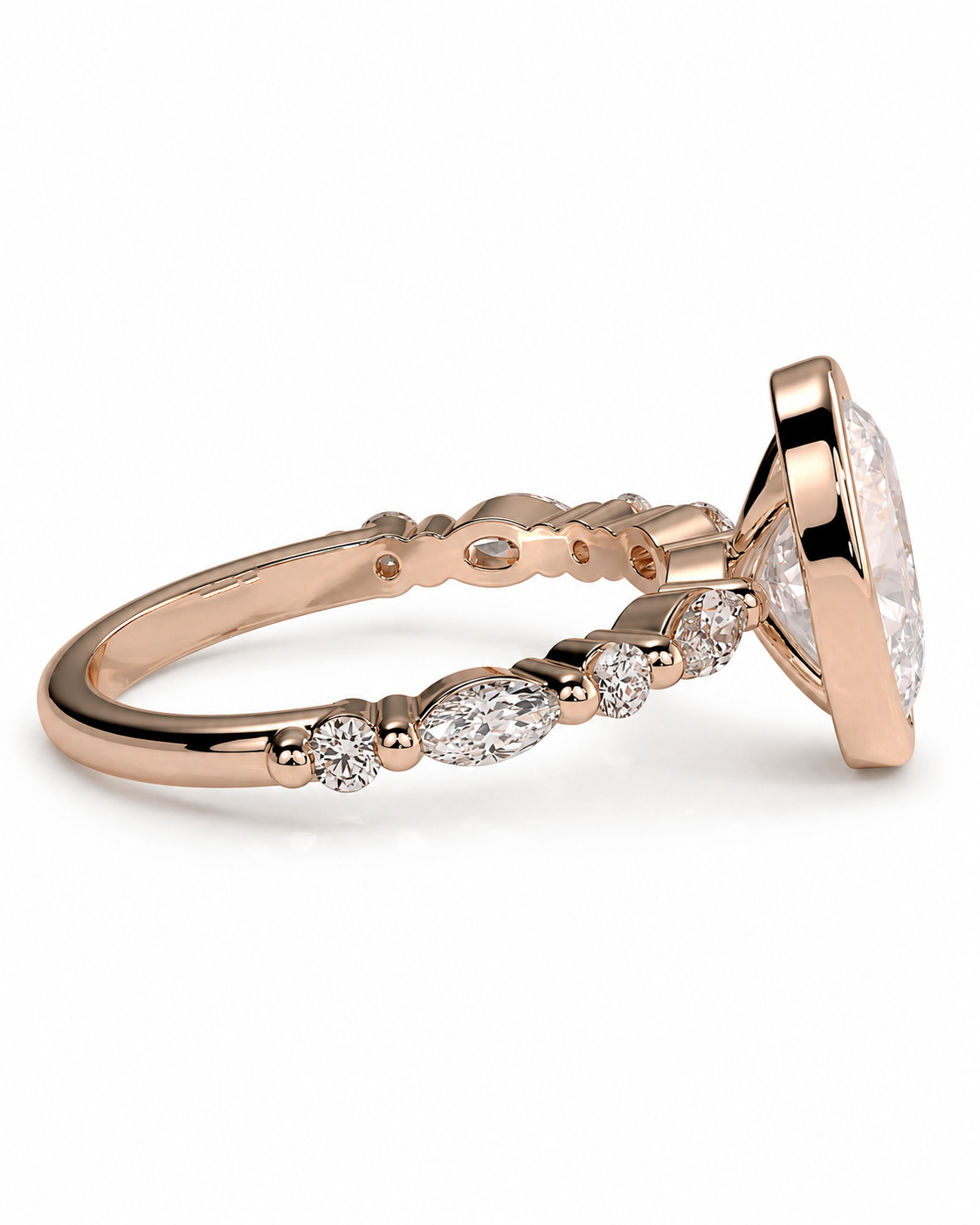 color_10K_RG, color_14K_RG &&Rose gold ring with a large oval clear gemstone and smaller marquise-cut stones along the band, shown on a white background.
