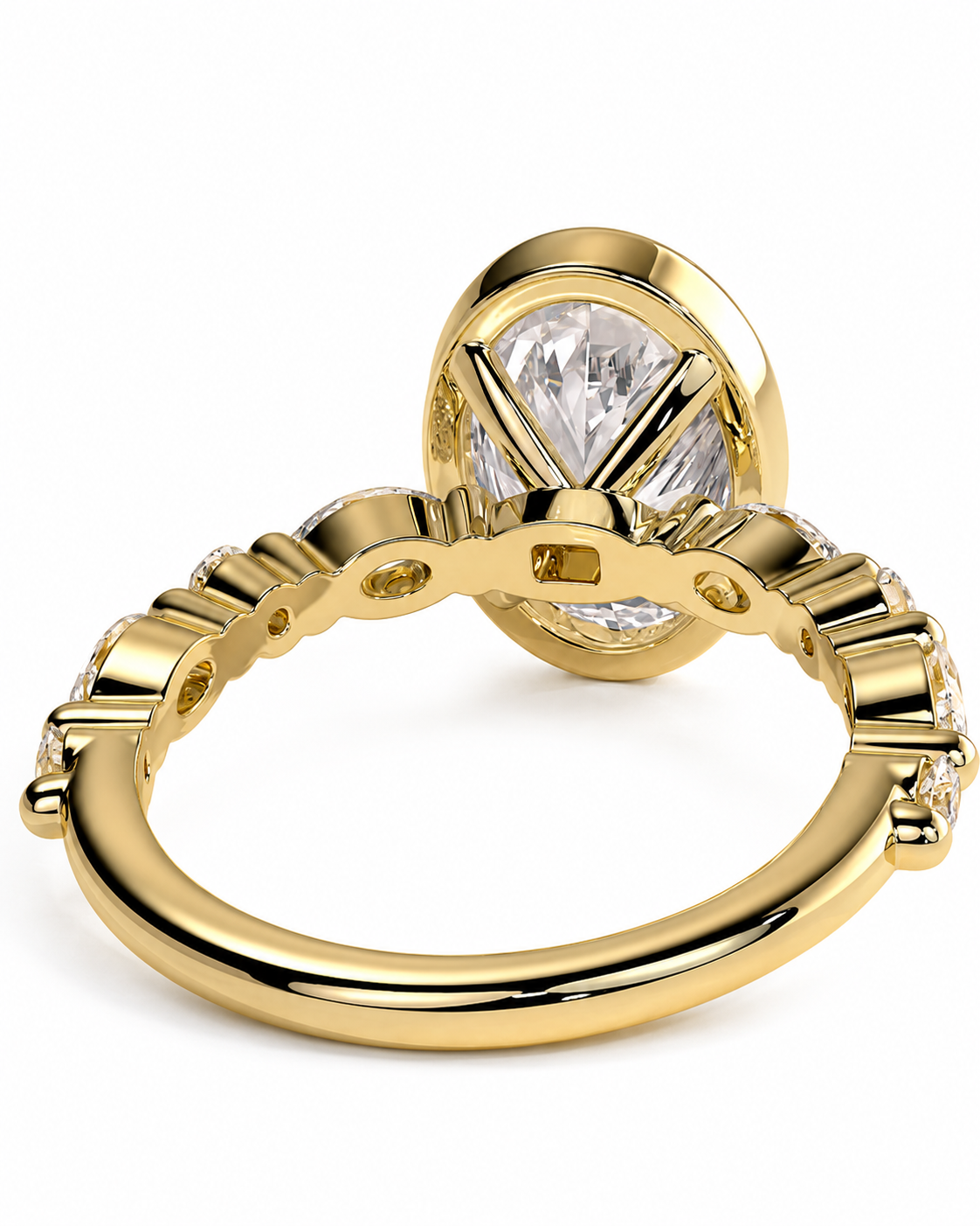 color_10K_YG, color_14K_YG &&A yellow gold ring with a large oval clear gemstone in a prong setting, accented by smaller round stones along the band, shown on a white background.